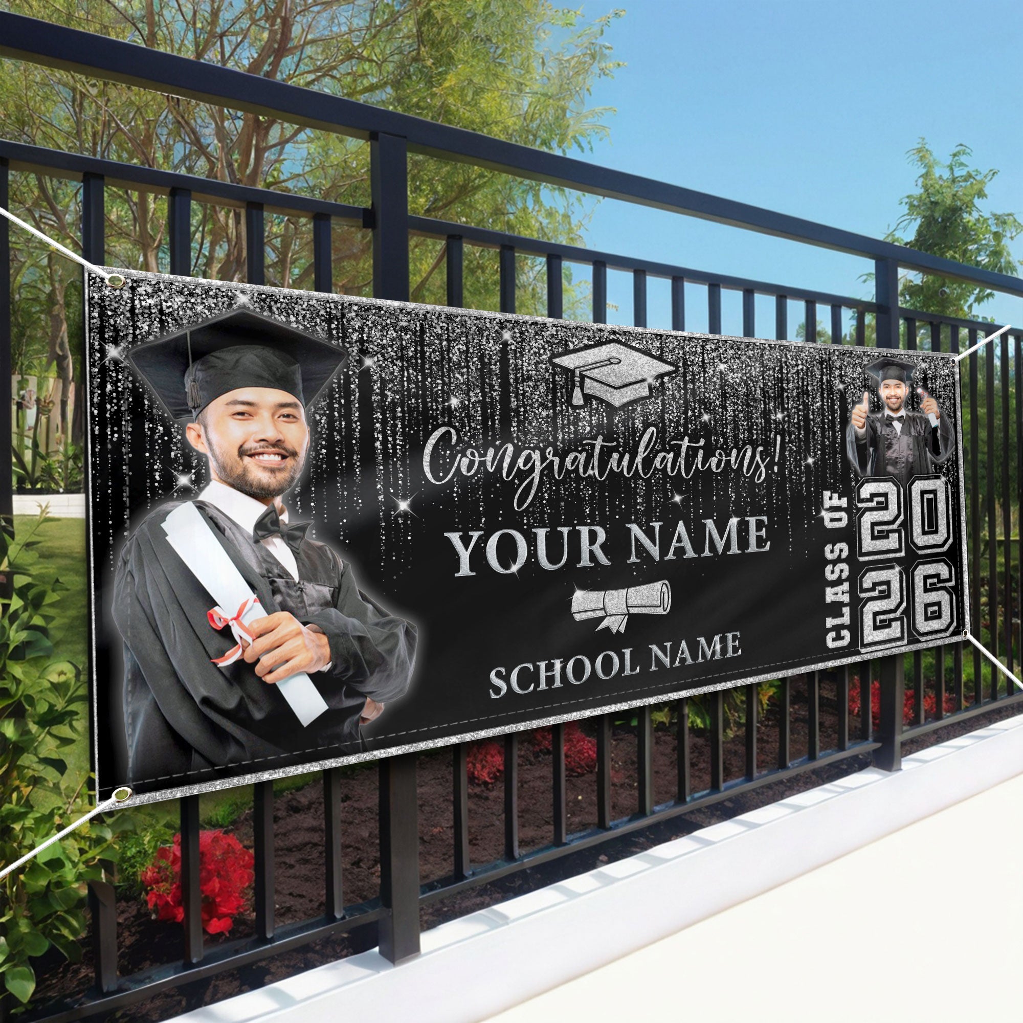 Custom Graduation Banner 2026 Photo Glitter Silver Curtain Pattern Congrats Grad Backdrop Personalized