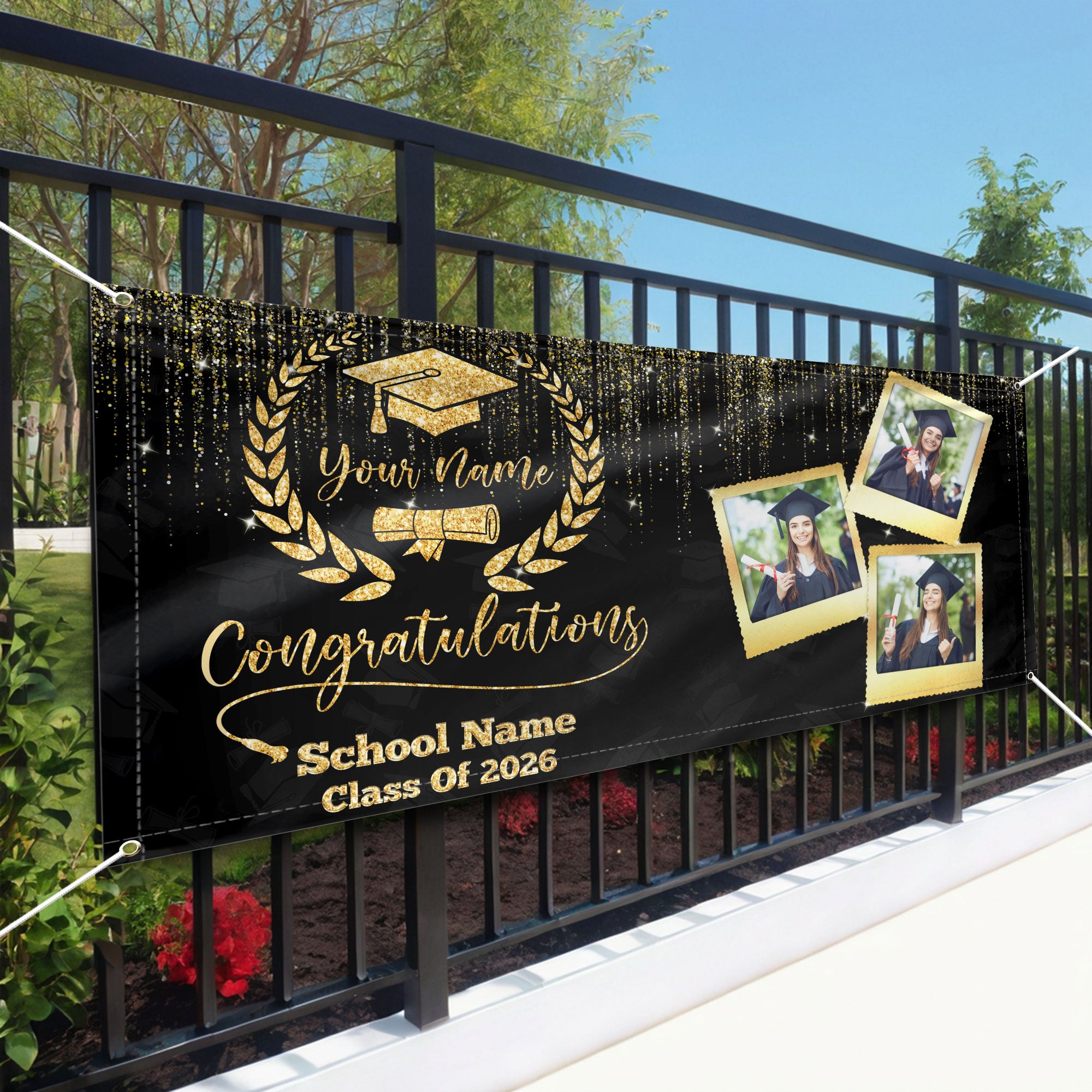 Custom Graduation Banner 2026 Photo Gold Glitter Laurel Pattern Congrats Grad Backdrop Personalized