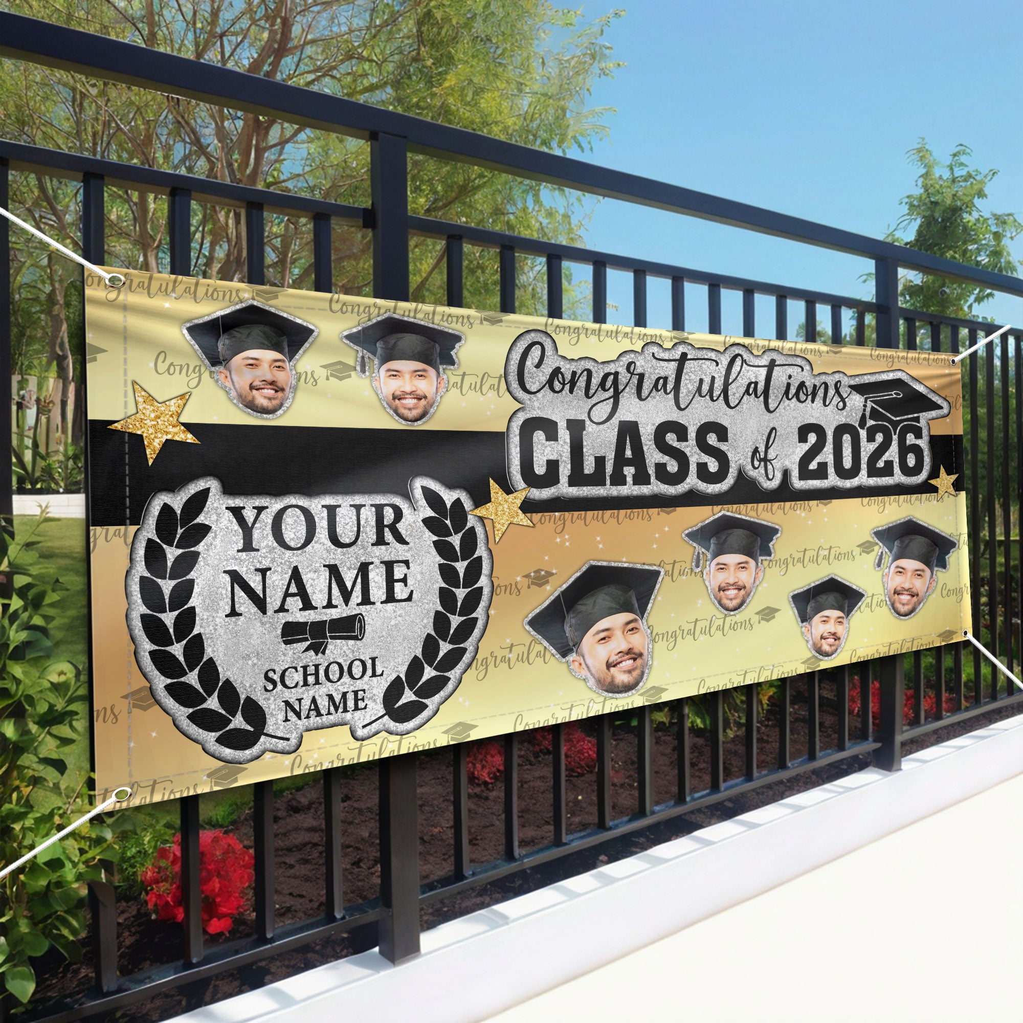 Custom Graduation Banner 2026 Photo Black Gold Glitter Pattern Congrats Grad Backdrop Personalized