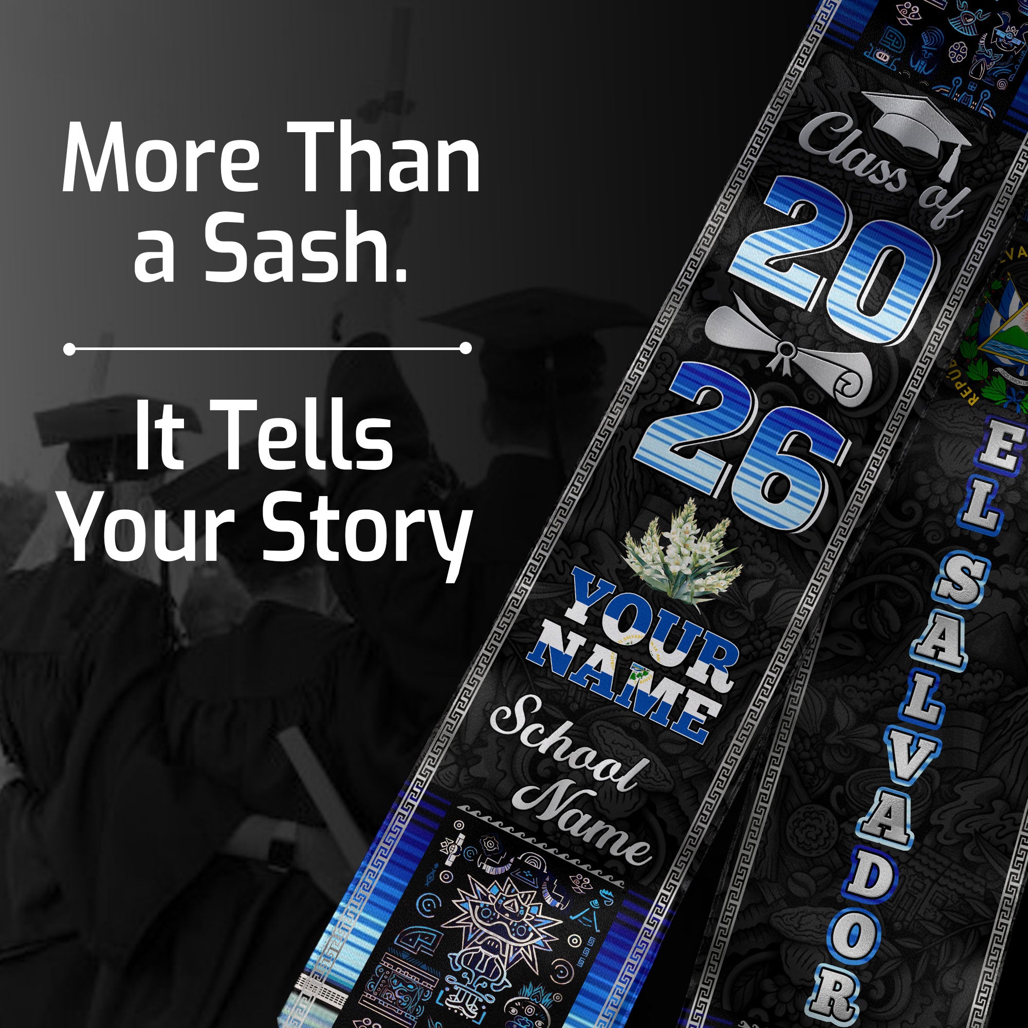Salvadoran Flag Graduation Sash 2026, El Salvador Graduation Stole, Tailored Detail Grads