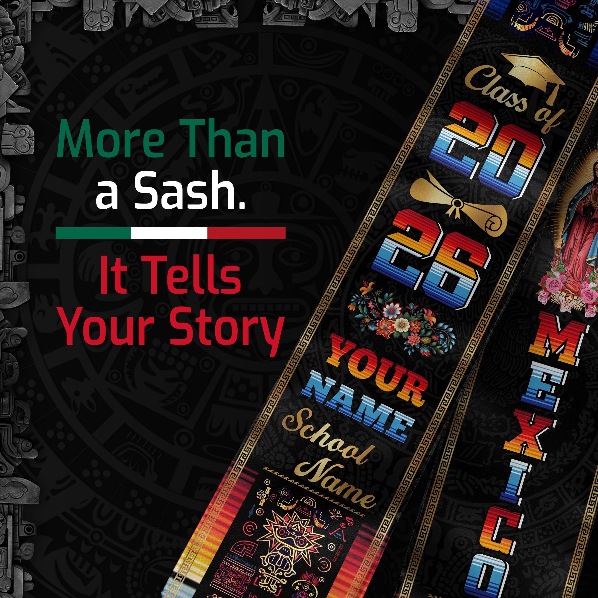 Mexican Flag Graduation Stole 2026, Mexico Grad Sash, Custom Detail Option for Grads