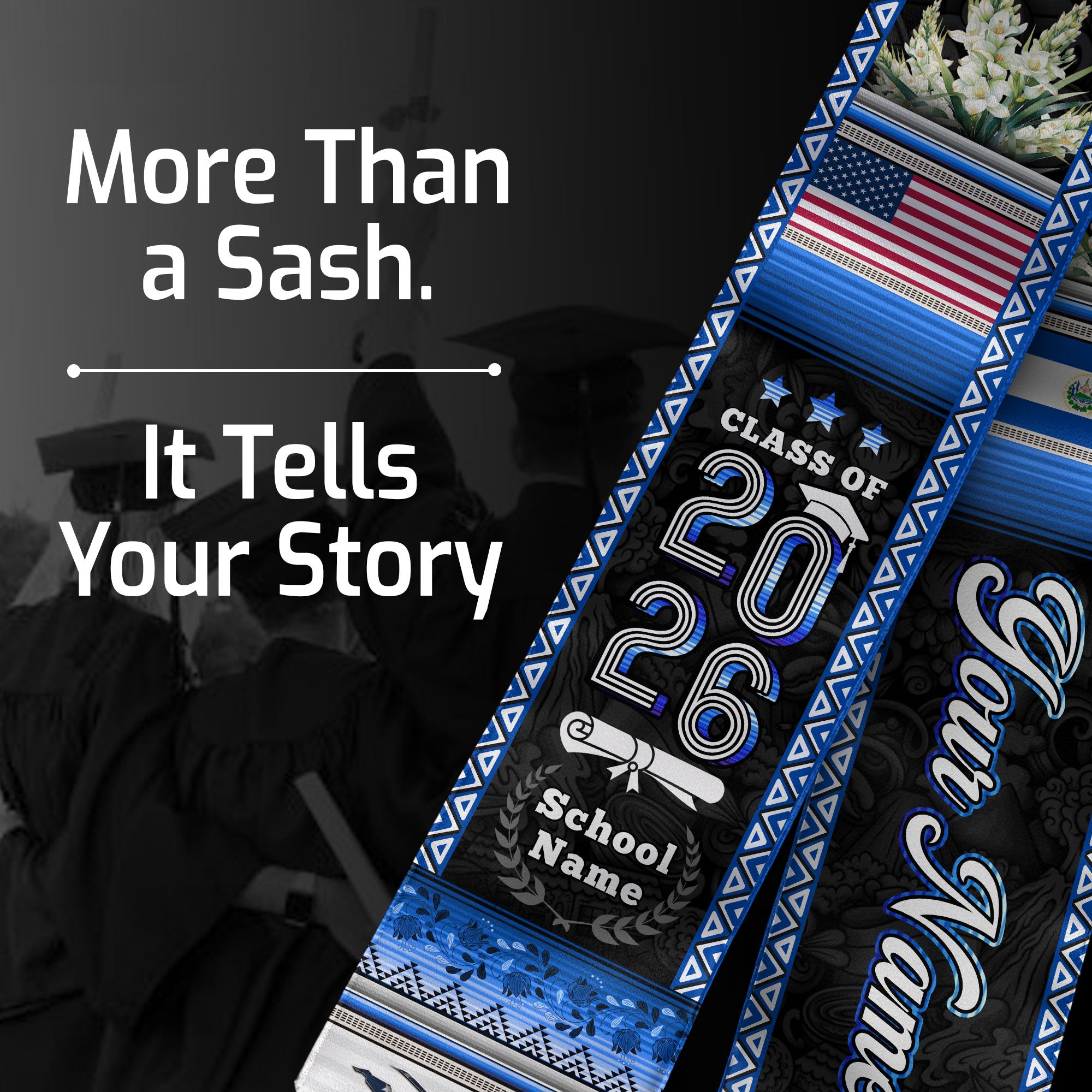 El Salvador Flag Graduation Stole 2026, Salvadoran Grad Sash, Signature Finish for 2026