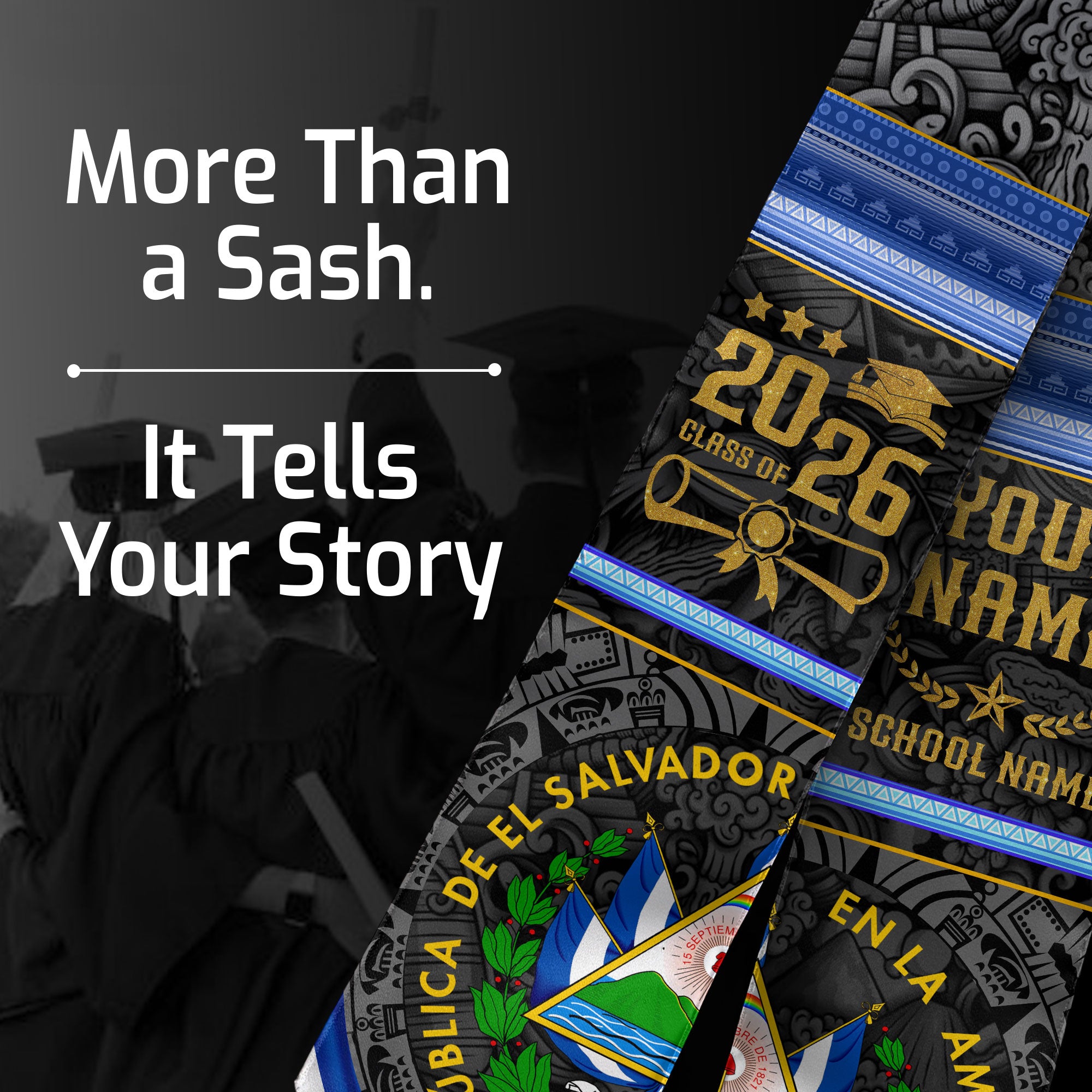 El Salvador Flag Graduation Stole 2026, Salvadoran Grad Sash, Signature Finish for 2026