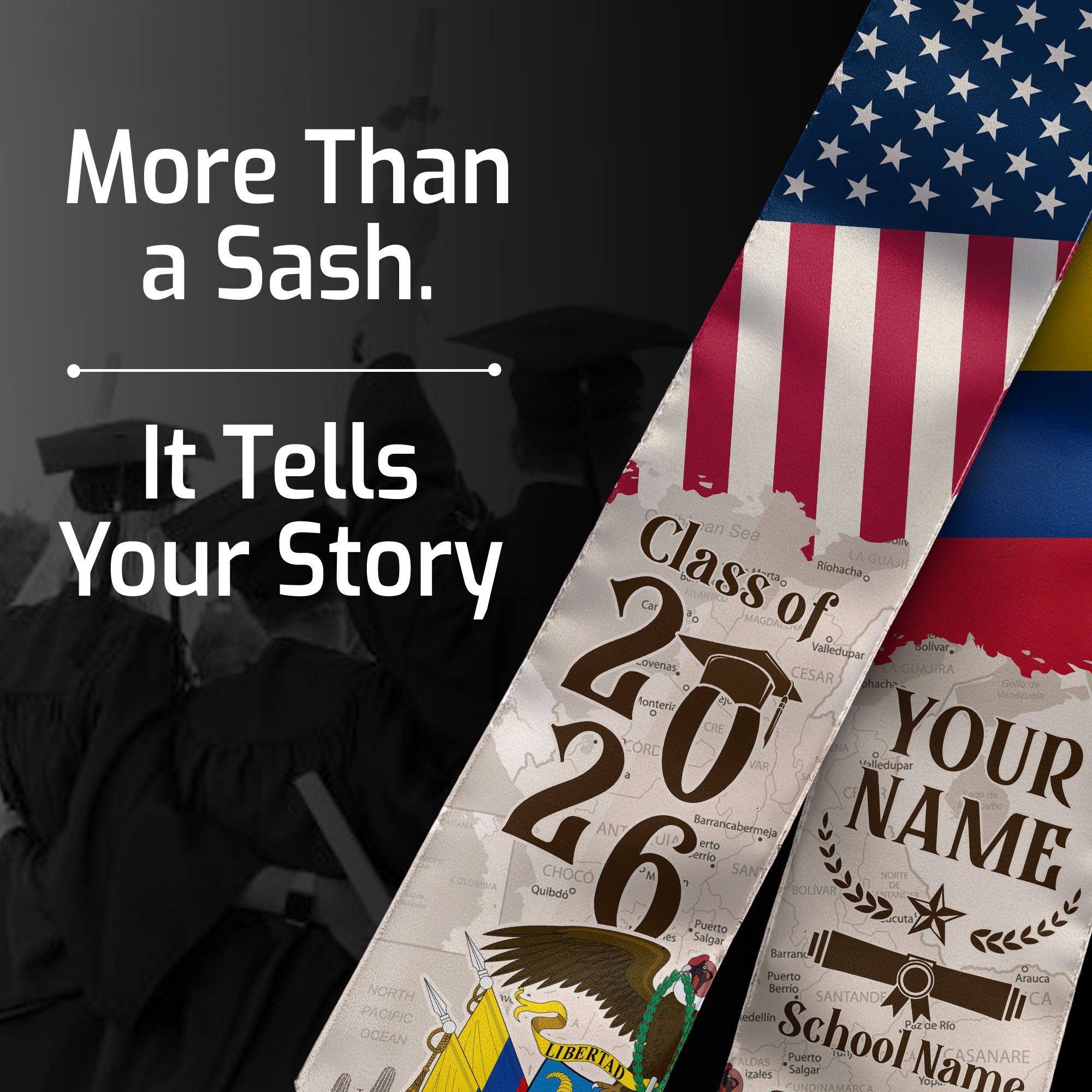 Colombian Flag Graduation Sash 2026, Colombia Graduation Stole, Custom Detail for Grads