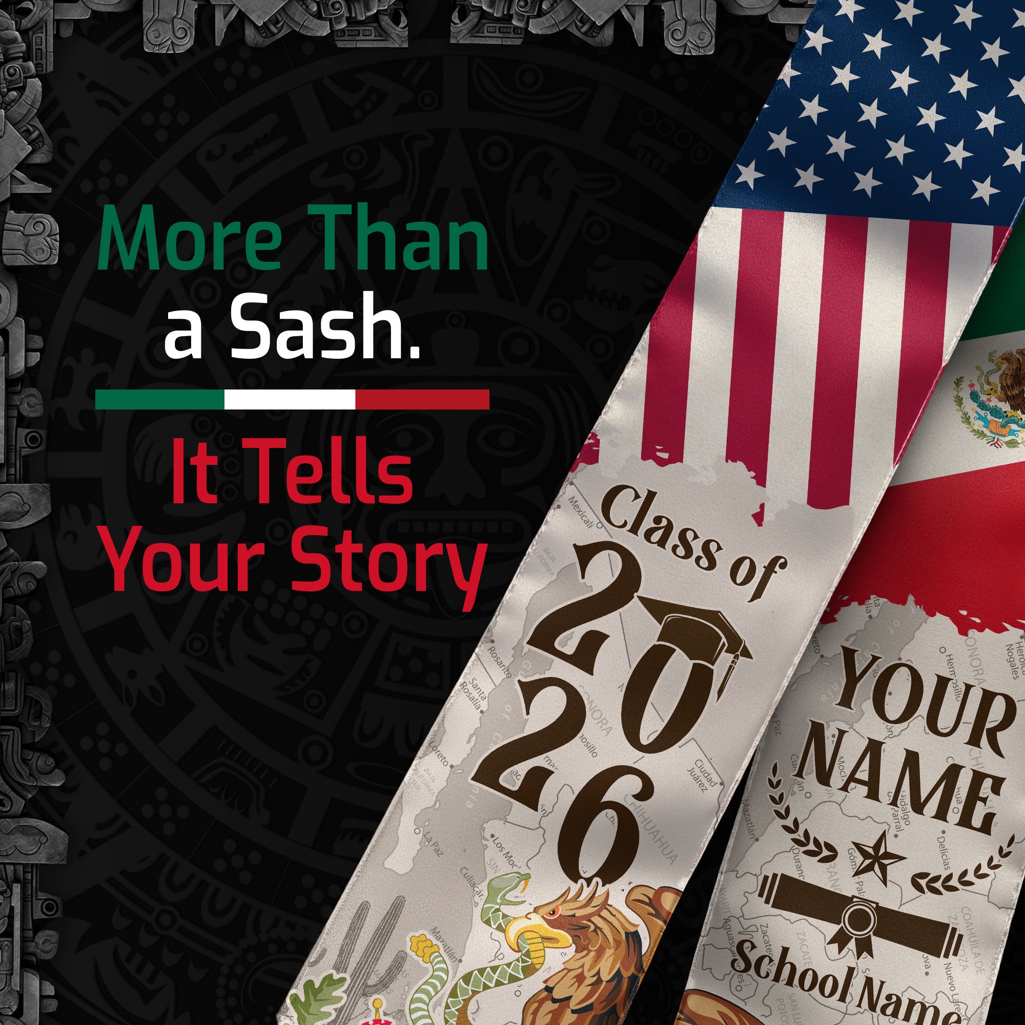 Mexican Flag Graduation Sash 2026, Mexico Graduation Stole, Custom Detail for Graduates