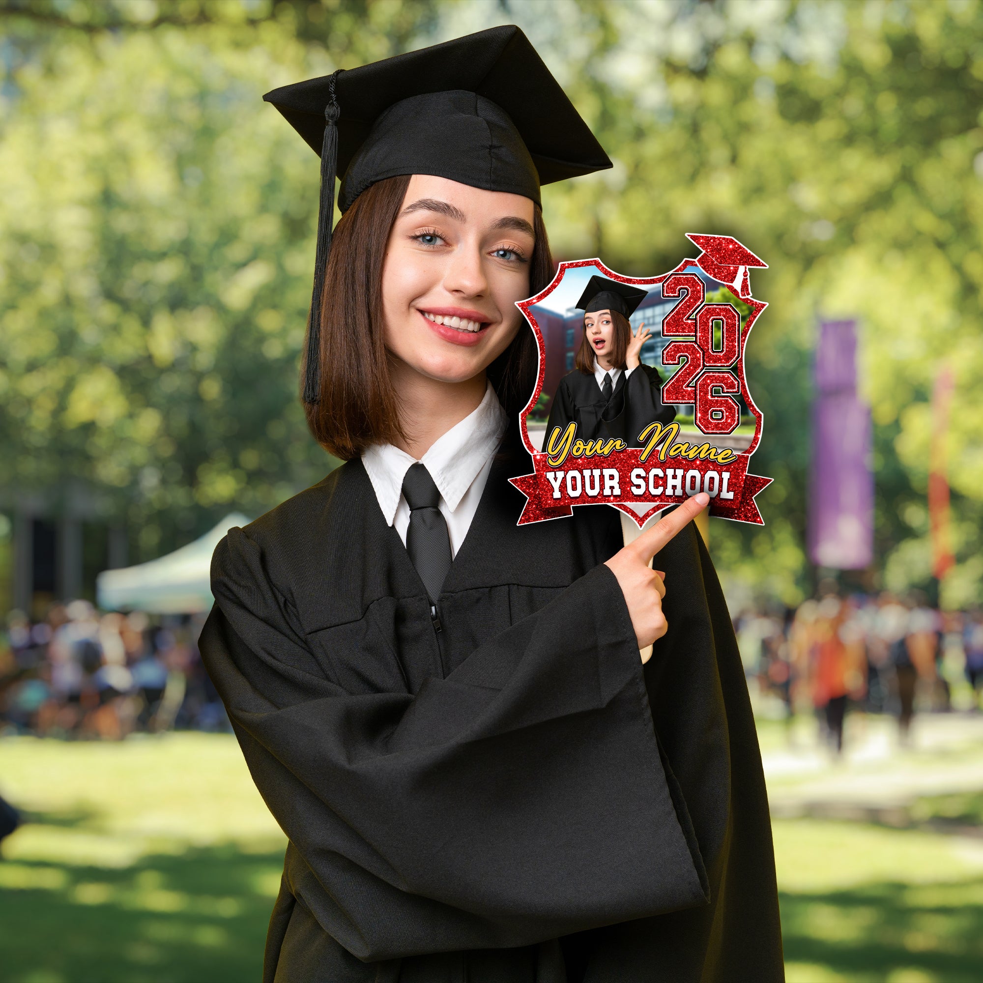 Custom Graduation Face Fan 2026 With Photo Glitter Floral Pattern Big Head On Stick Custom