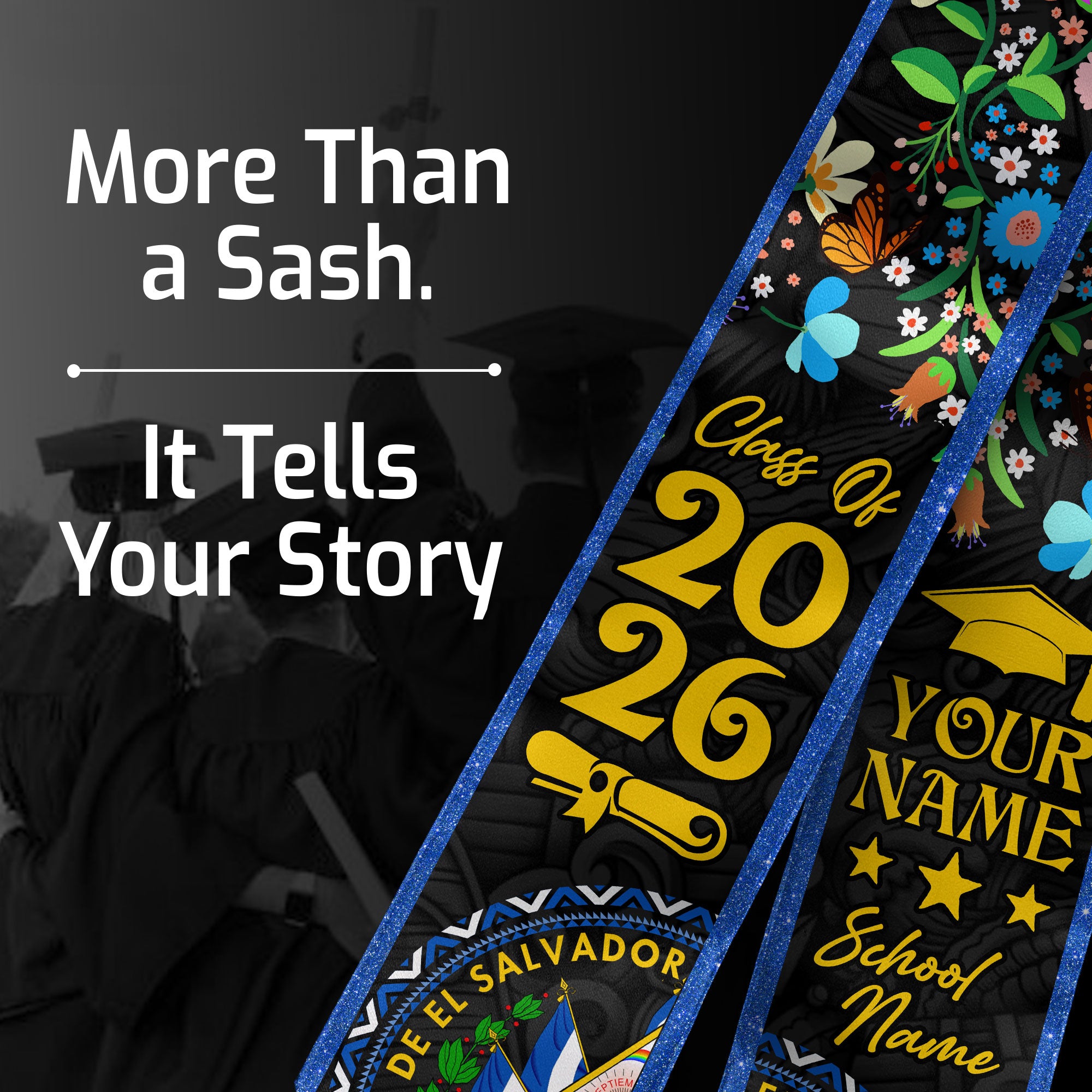 El Salvador Graduation Stole 2026, Salvadoran Flag Sash, Personal Detail Option for Grads