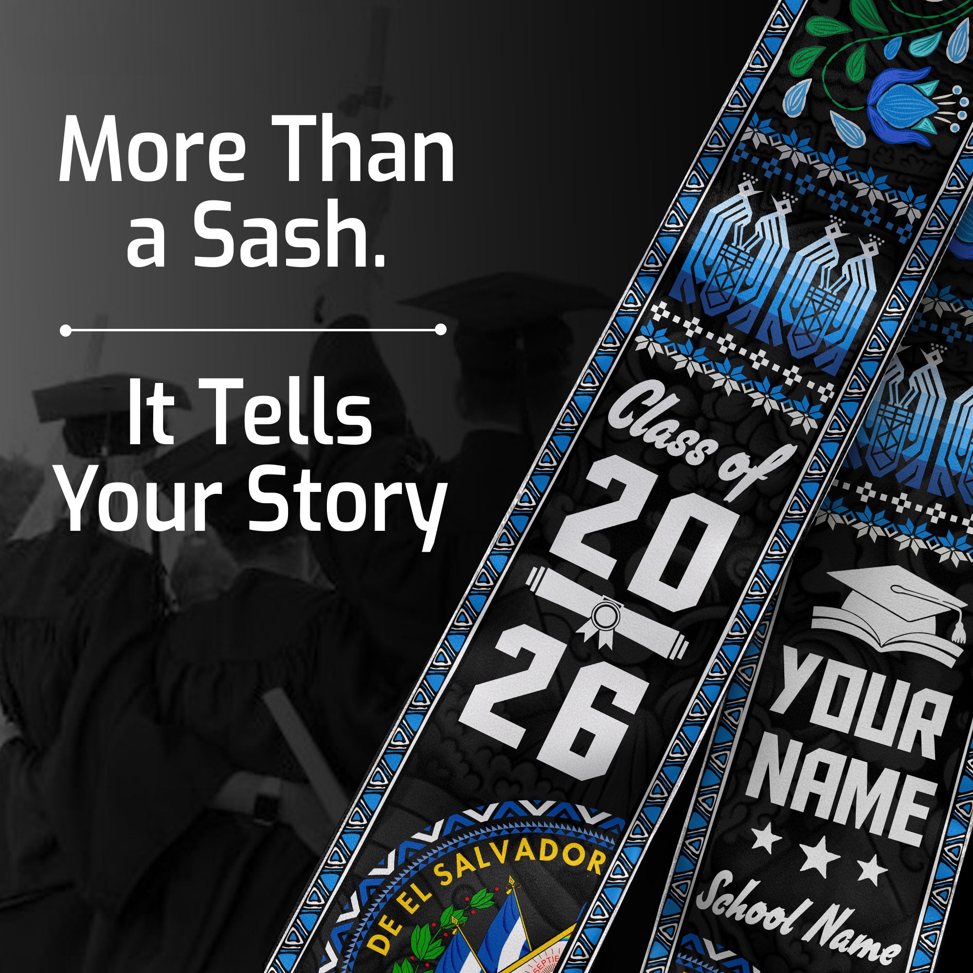 El Salvador Flag Graduation Stole 2026, Salvadoran Sash, Add Your Name Detail Option
