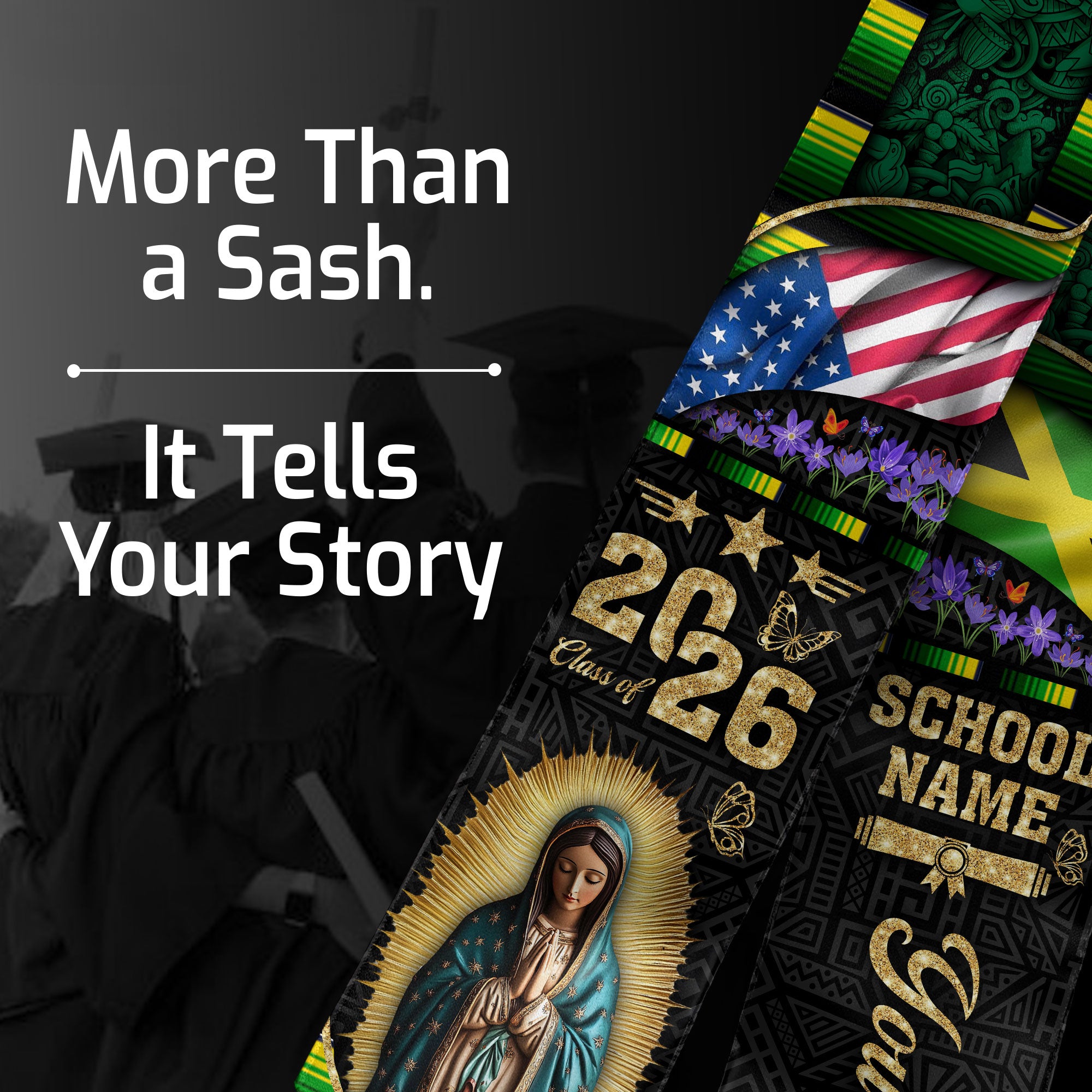 Customized Jamaica Graduation Stole Featuring Bold Flag Details, Graduation Sash Class of 2026