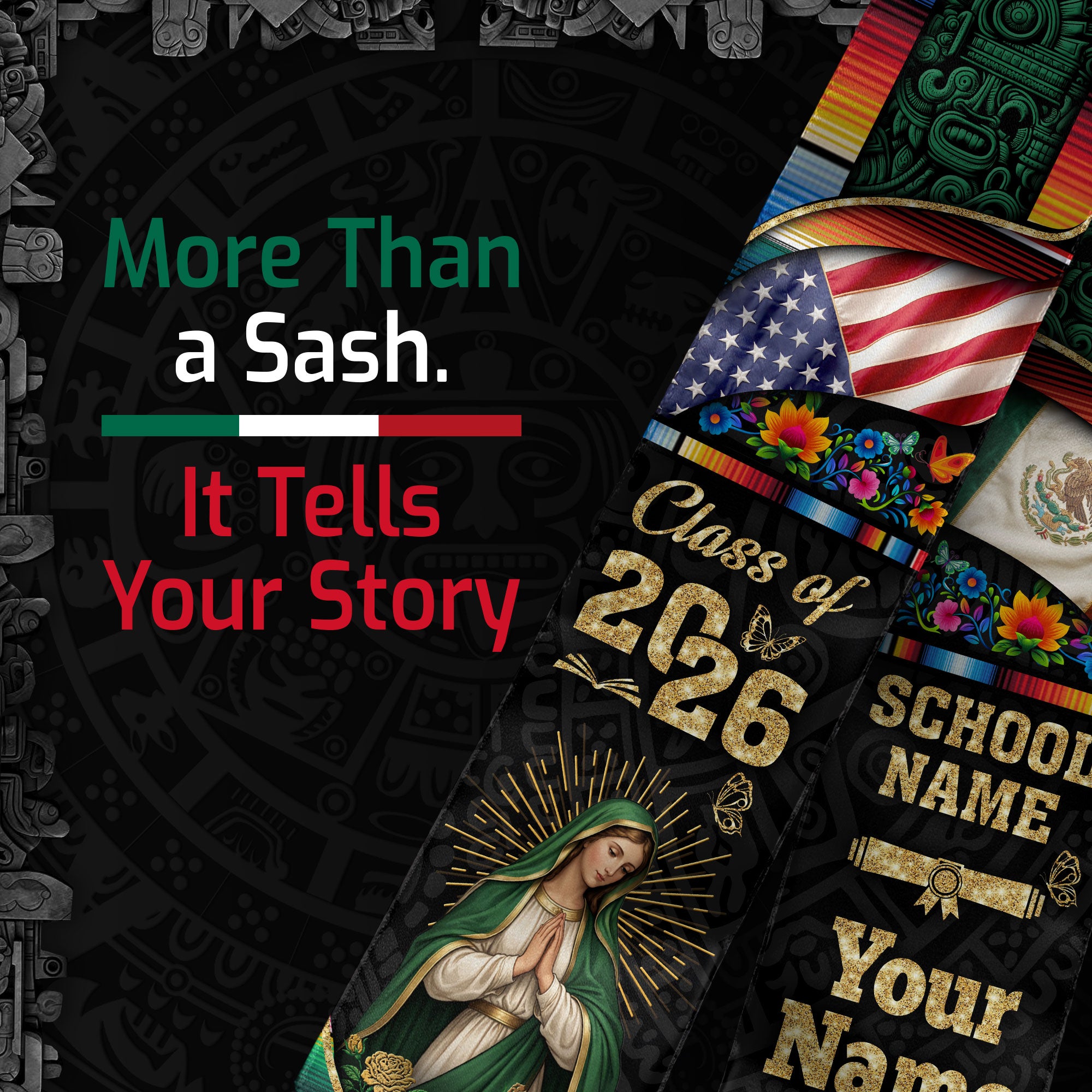 Mexico Graduation Sash 2026, Mexican Stole for Seniors, Mexican American Flag Grad Sash