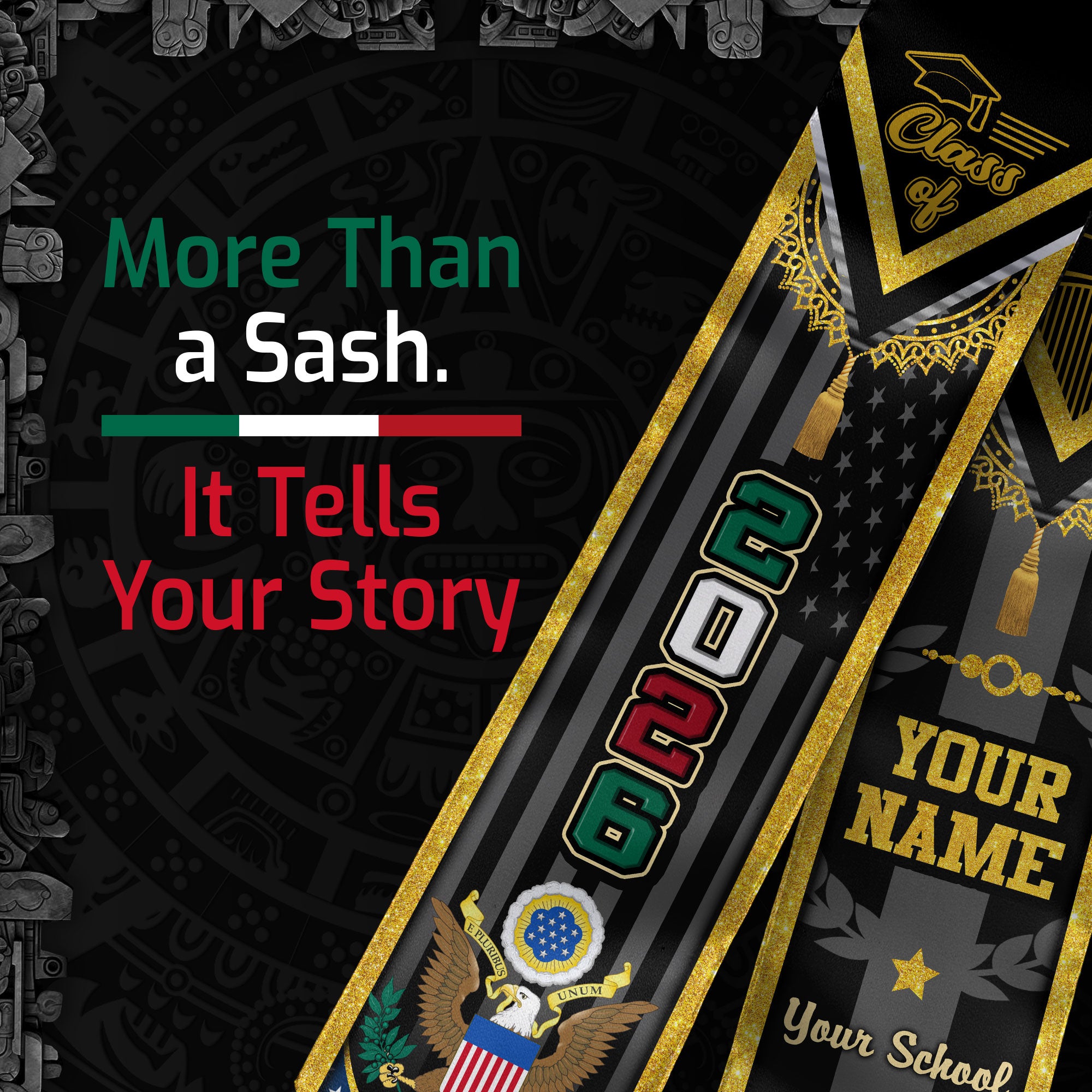 Mexican Flag Graduation Sash 2026, Mexico Stole, Signature Custom Finish for Graduates