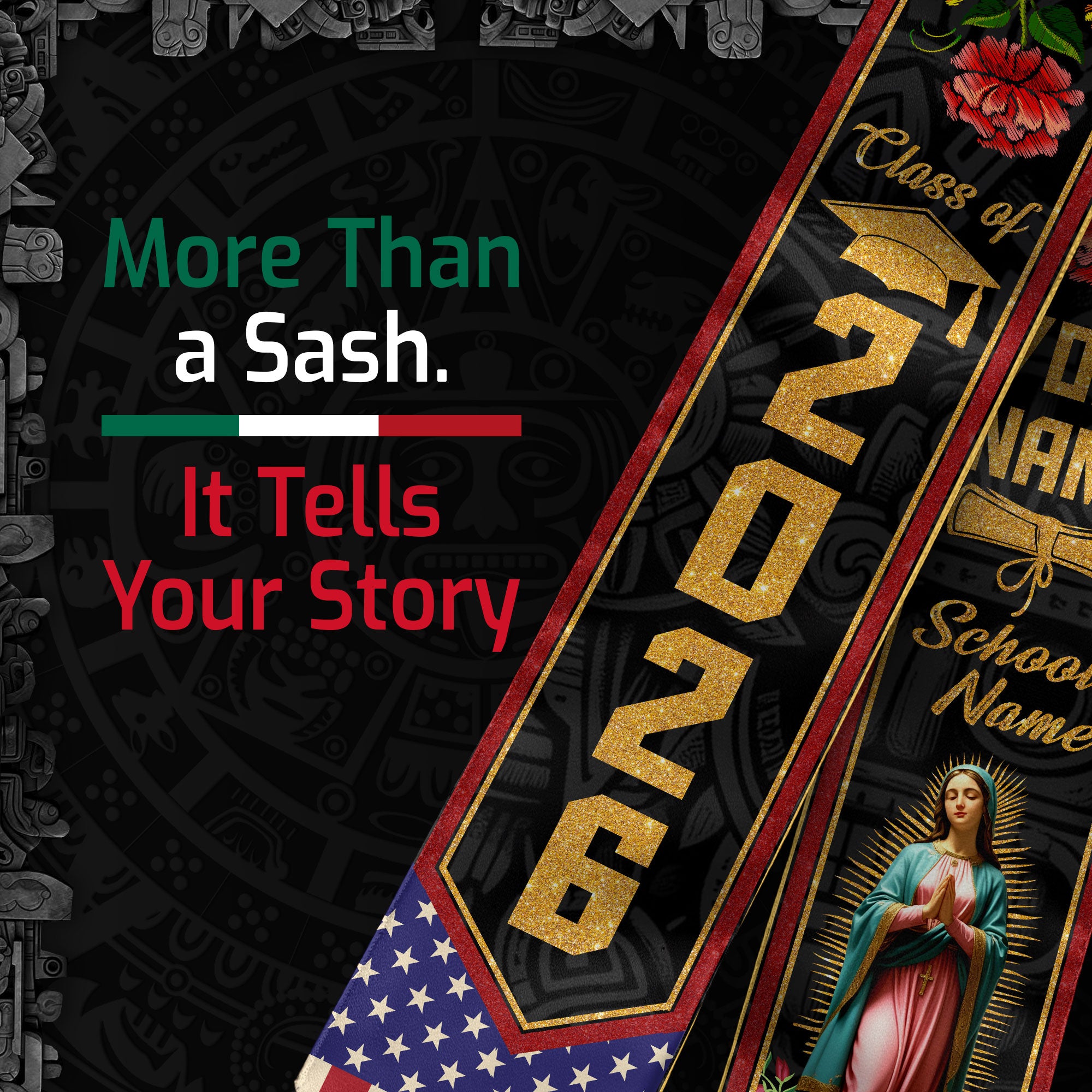2026 Mexican Flag Sash for Graduation, Mexico Stole for Grads, Personal Detail Option