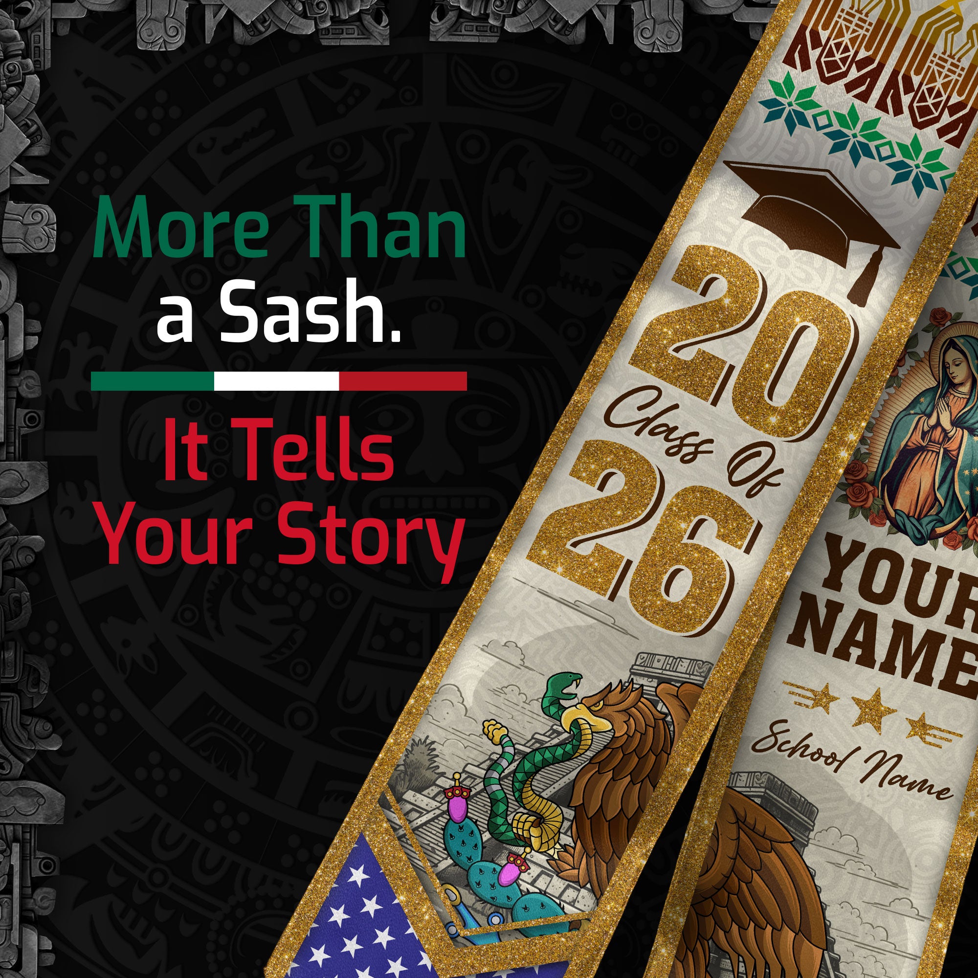 Mexican Flag Graduation Stole 2026, Mexico Sash for Grads, Personalized Detail Option