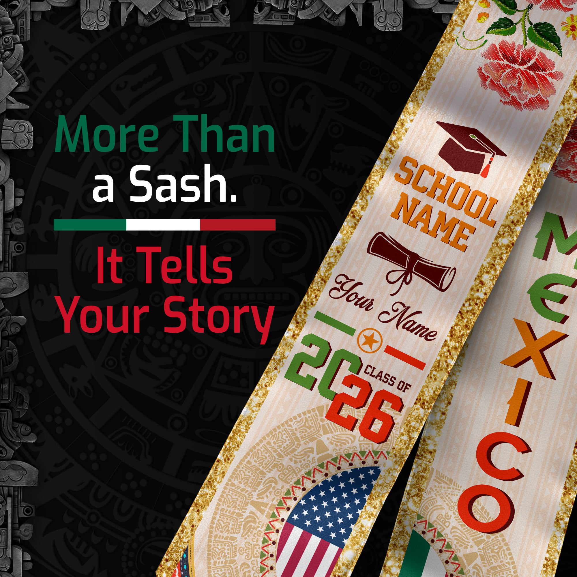 2026 Mexican Flag Graduation Stole, Mexico Graduation Sash, Add Your Details Option