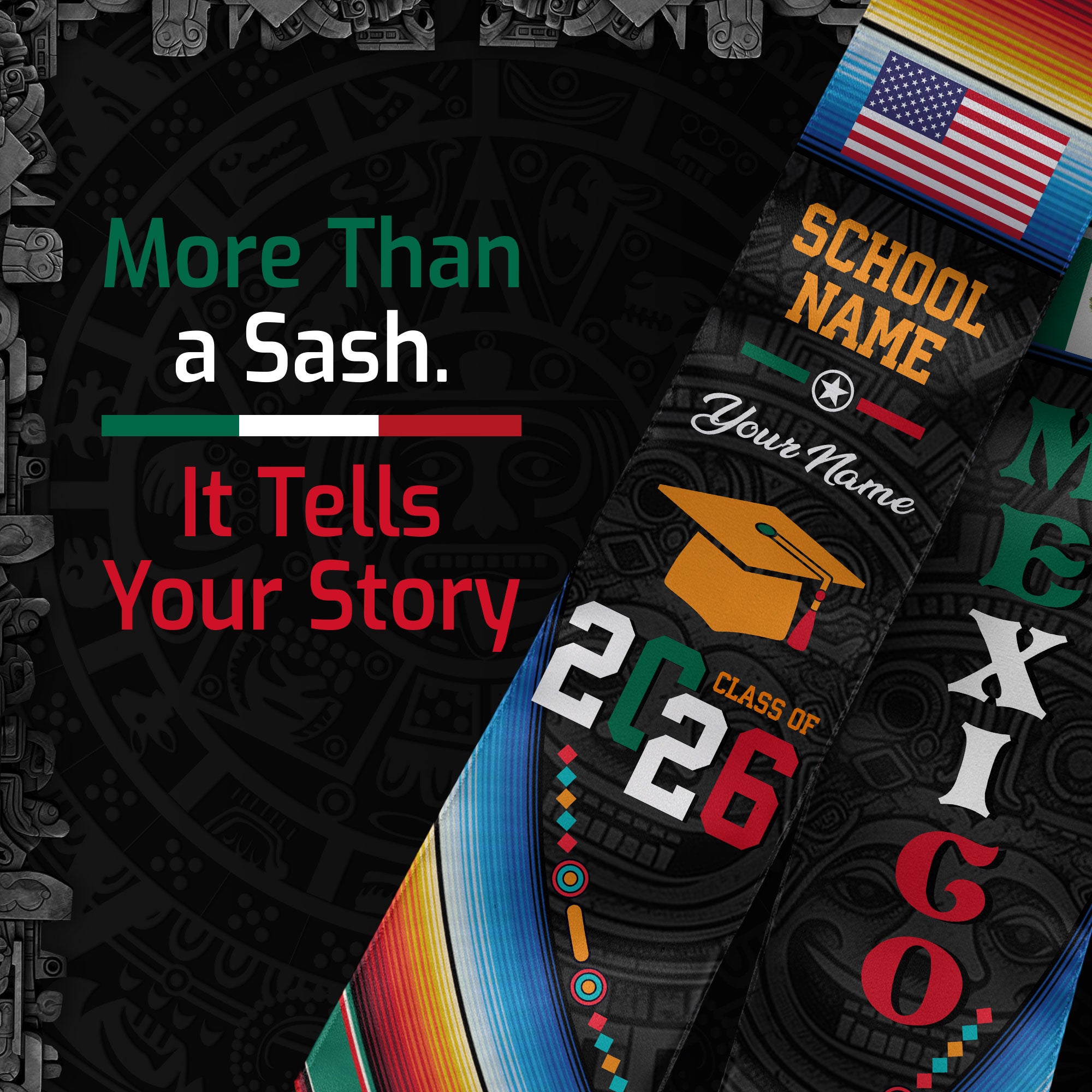 Mexico Graduation Sash 2026, Mexico Flag Stole for Grads, Optional Personal Detail Touch