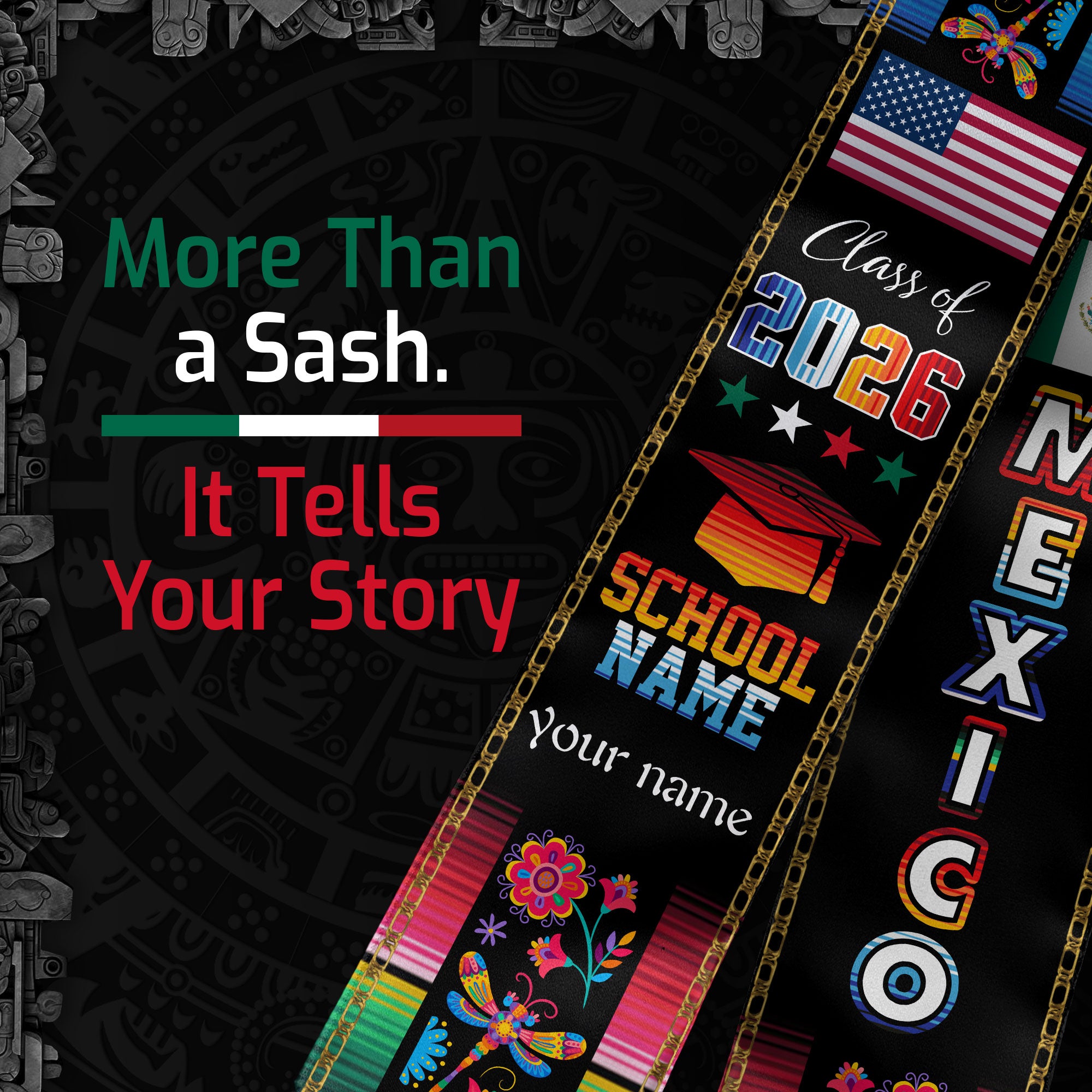 Mexican Flag Stole 2026, Mexico Graduation Sash for Graduates, Personalized Detail Option