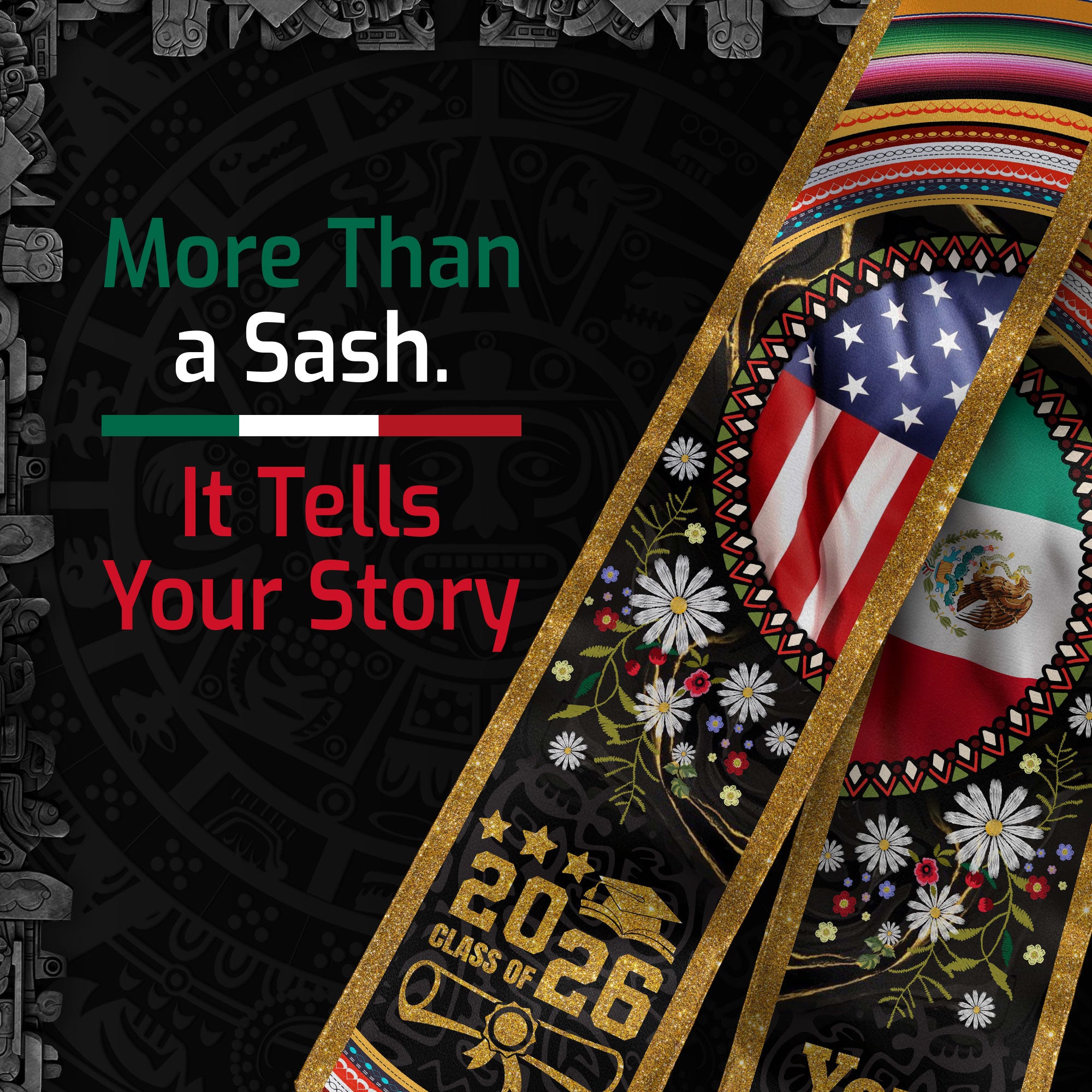 Customized Mexico Graduation Stole with Mexican Flag Heritage Pattern, Graduation Sash for the Class of 2026