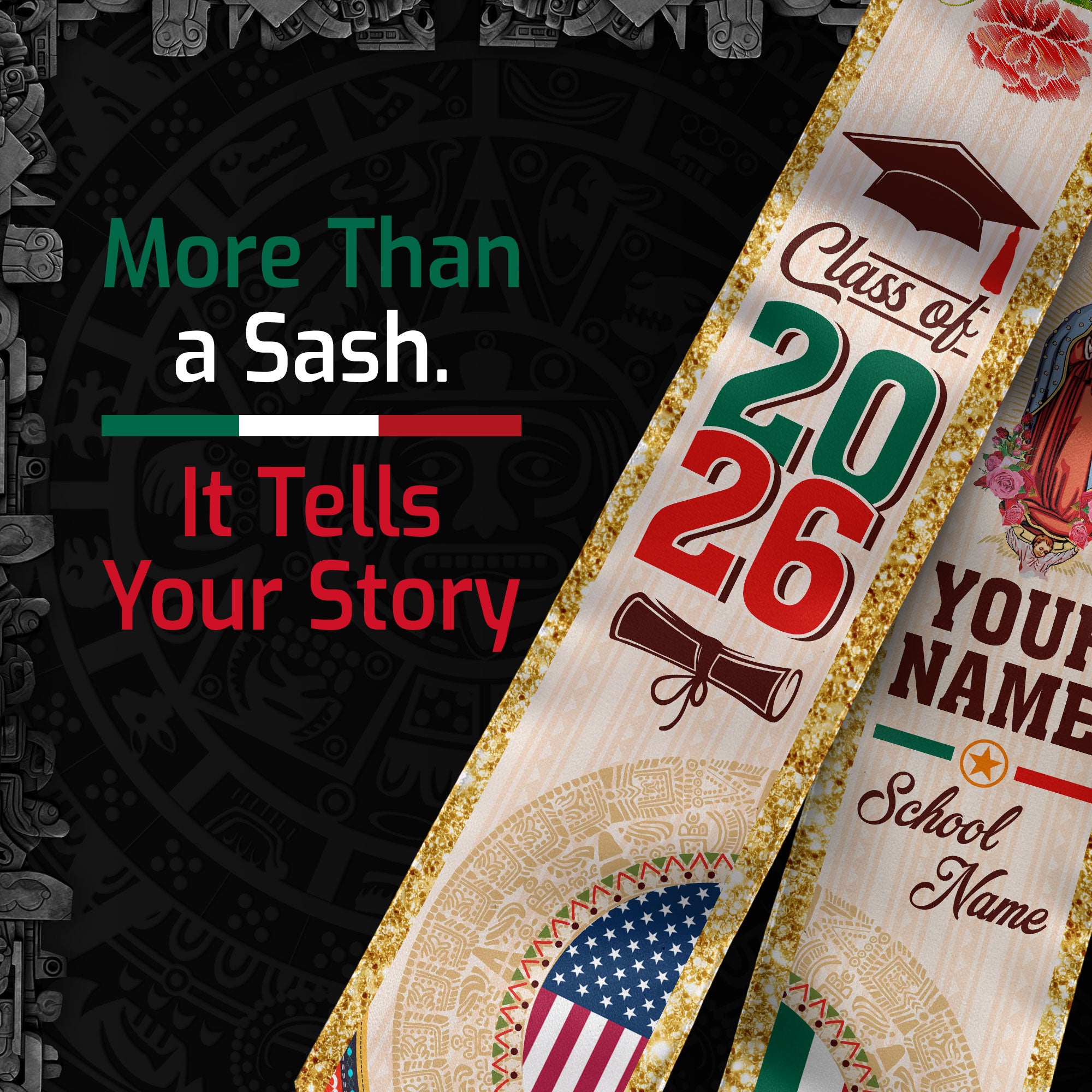 Mexico Flag Graduation Stole 2026, Mexico Sash for Ceremony, Personalized Detail Option