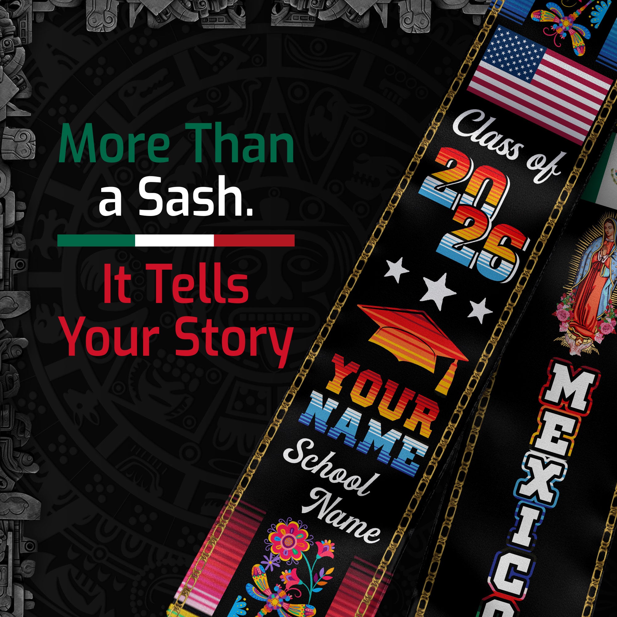 2026 Mexican Flag Graduation Sash, Mexico Graduation Stole, Add Details Option for Photos