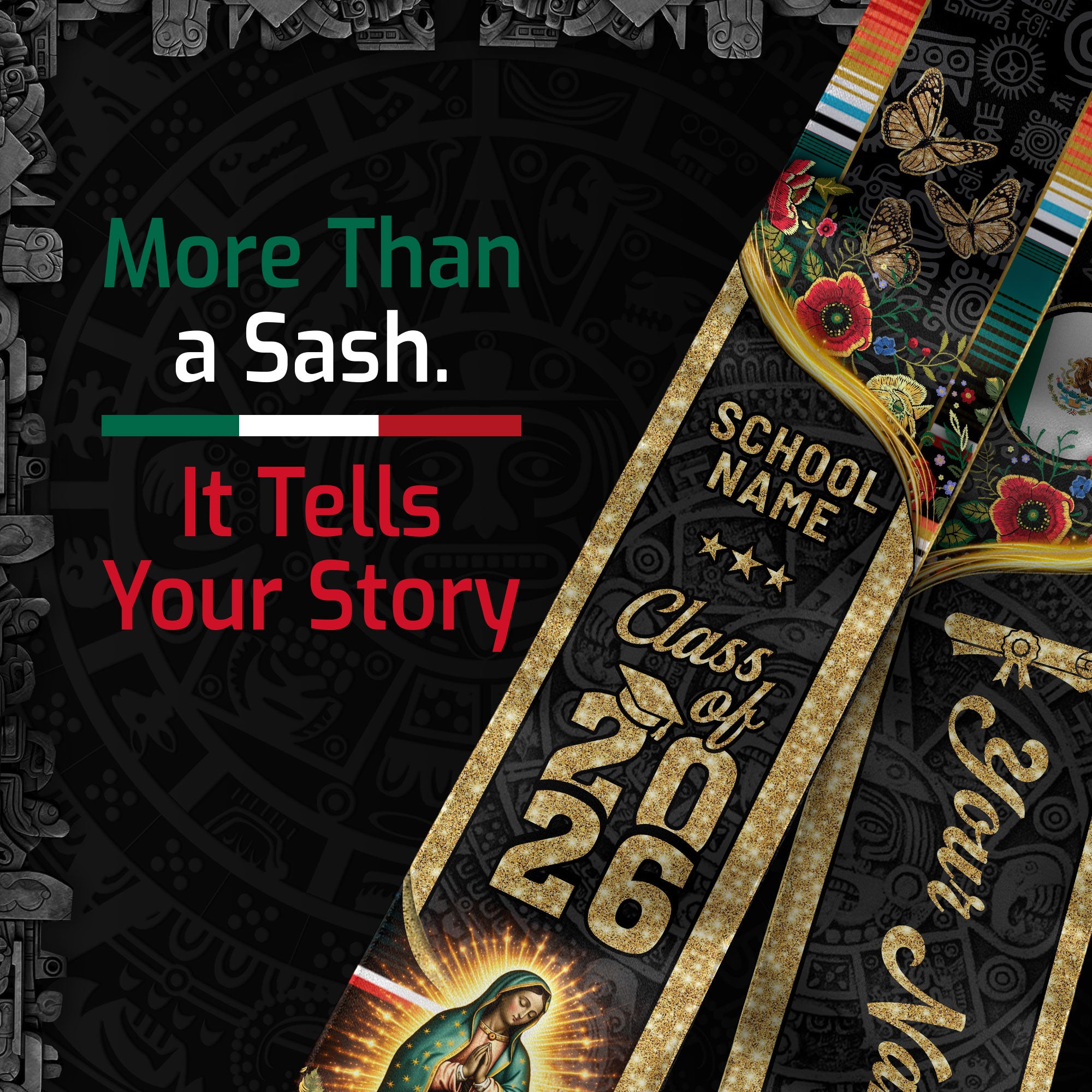 2026 Mexican Flag Graduation Sash, Mexico Stole, Personal Name & Year Detail Option