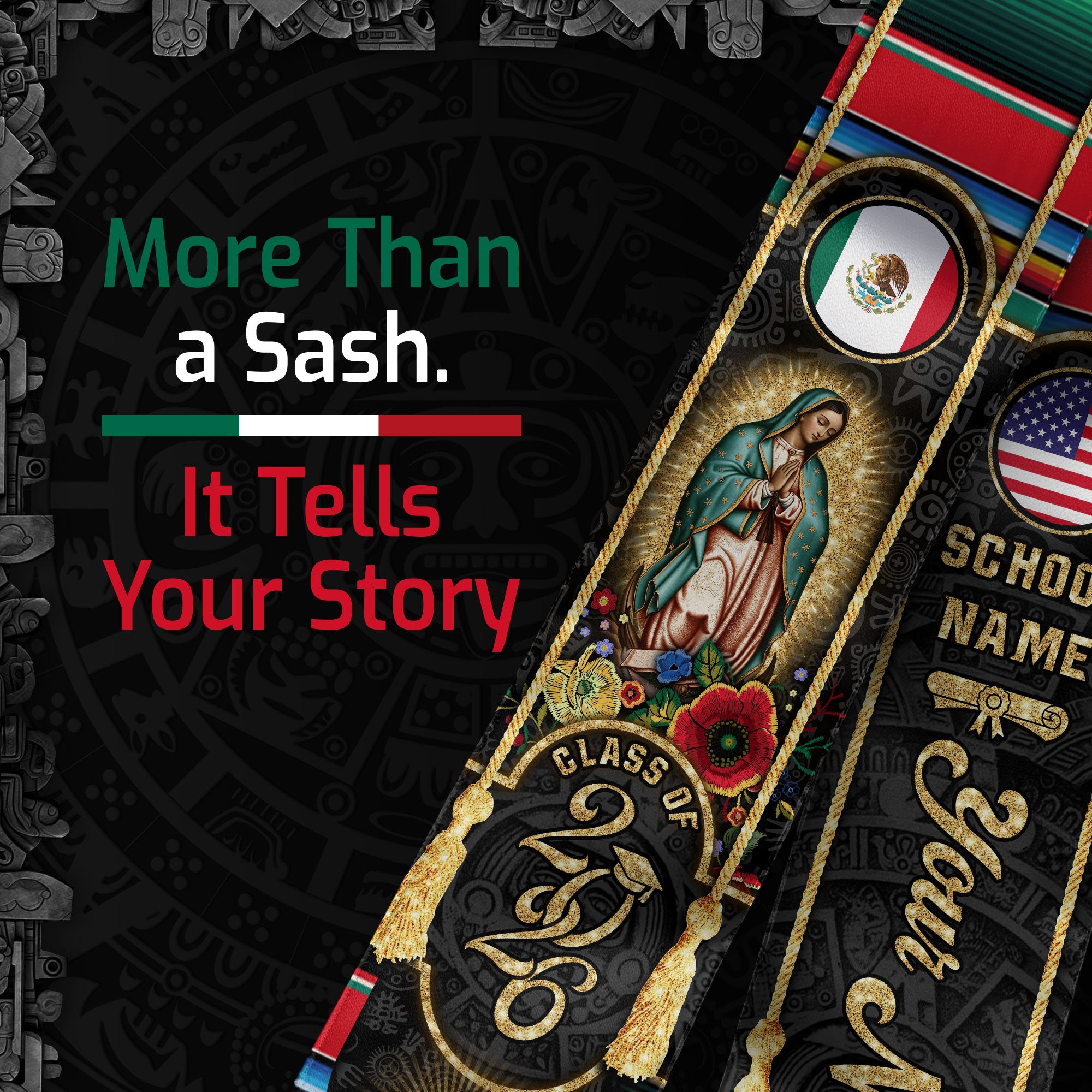 2026 Mexico Flag Graduation Stole, Mexican Sash, Name Detail Option for Class of 2026