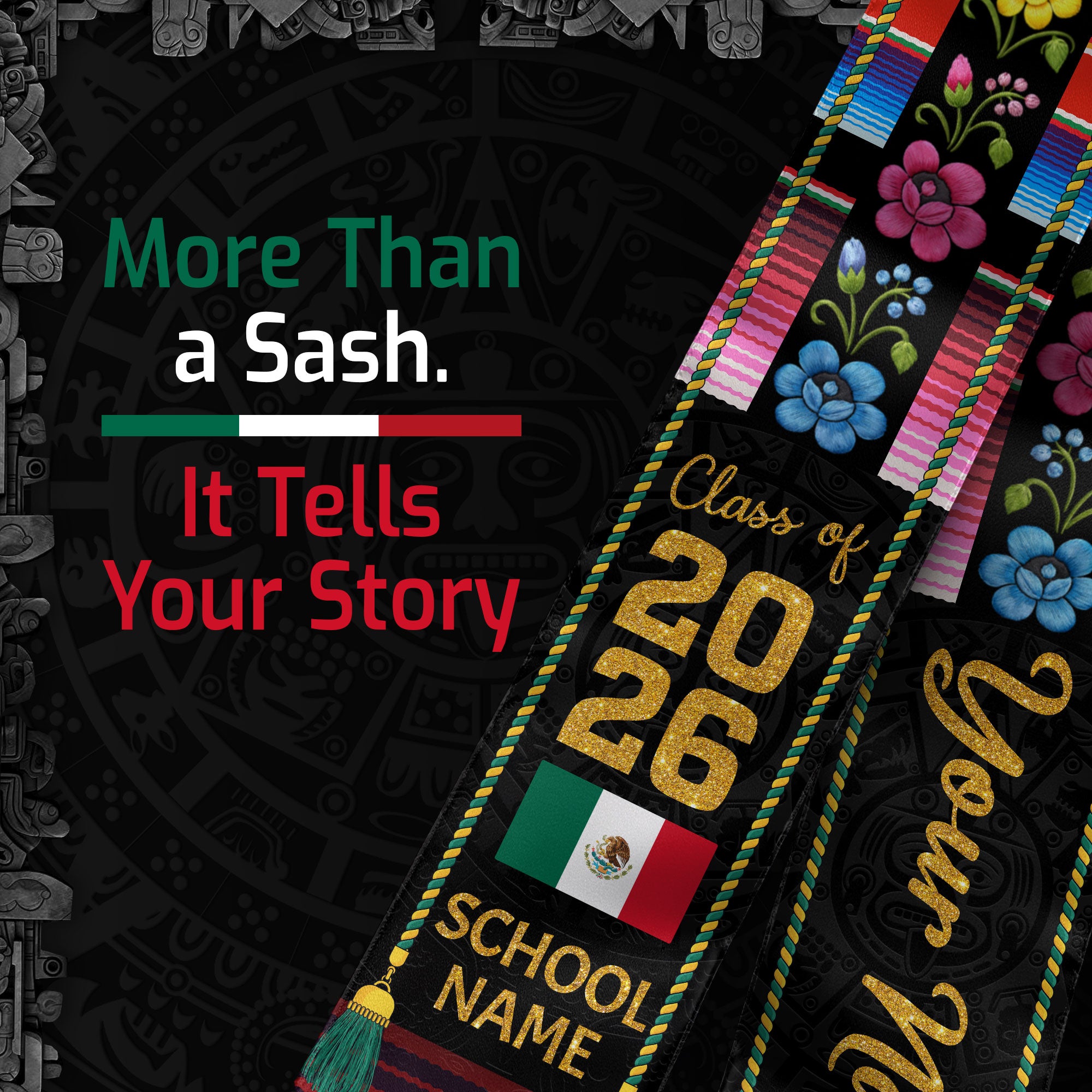 Customized Mexican Flag Graduation Stole 2026, Mexico Graduation Sash for Commencement Class of 2026