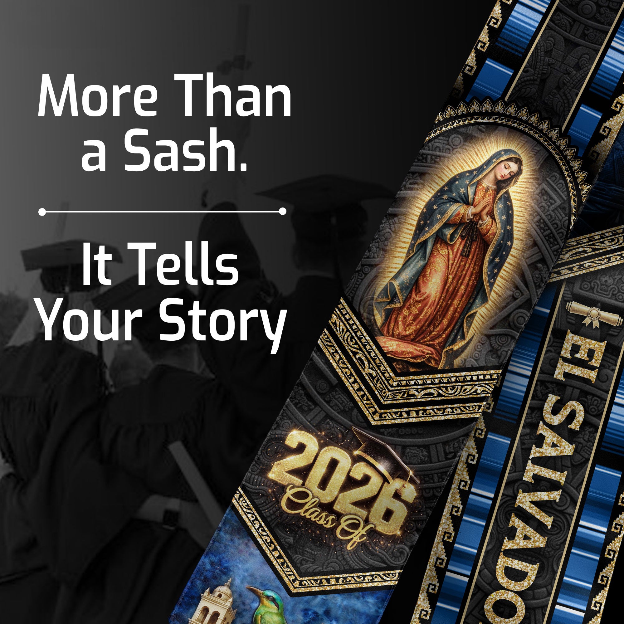 El Salvador Graduation Stole 2026 - Virgin Mary & Torogoz Bird Heritage Sash