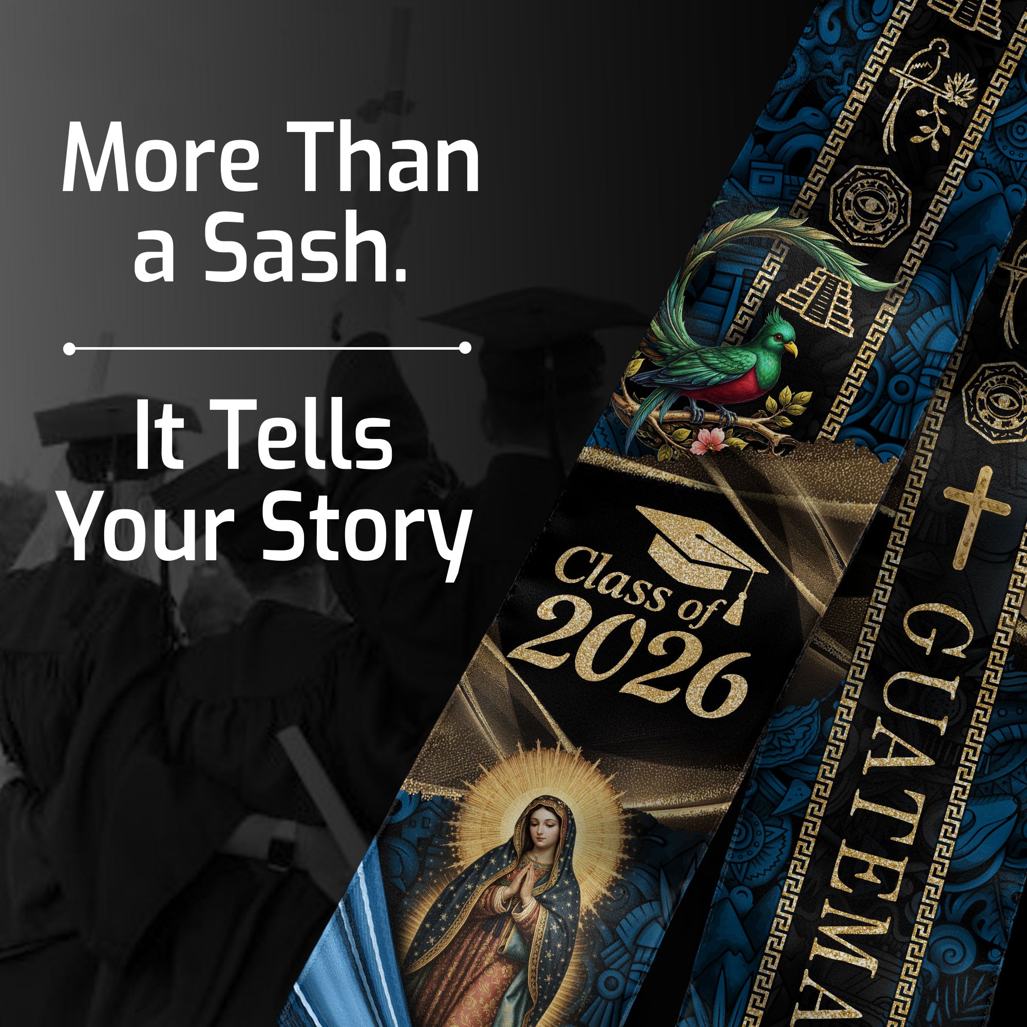 Guatemala Graduation Stole 2026 Virgin Mary Cross Quetzal Mayan Cultural Blue Gold Design