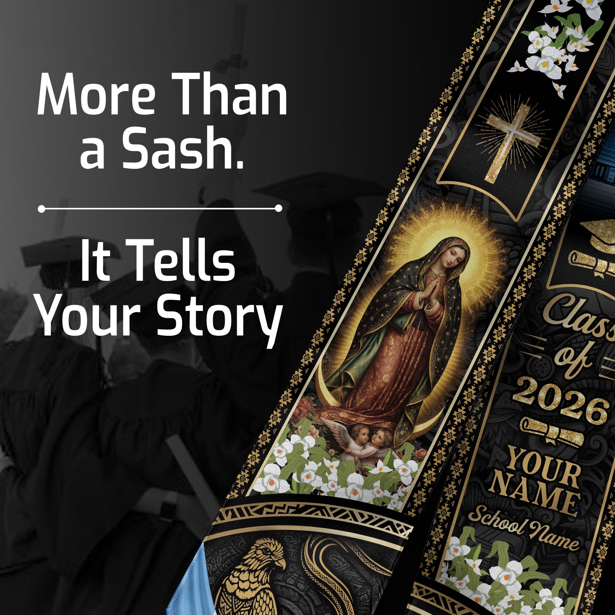 Customized Guatemala Graduation Stole Class of 2026 Name School Catholic Virgin Mary Quetzal Heritage Design