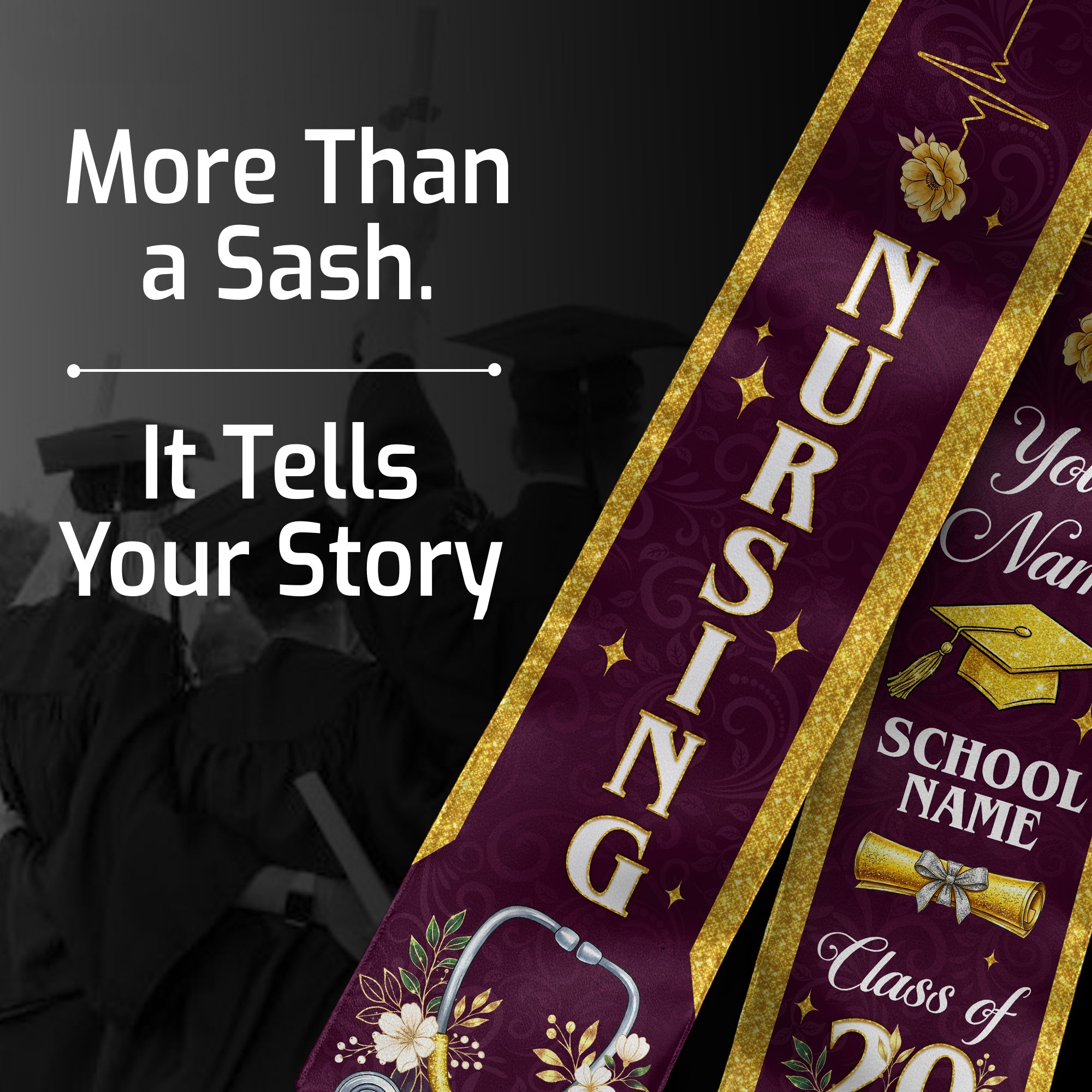 RN Nursing Graduation Stole, Class of 2026, Custom Name School, Stethoscope Pattern, Sash Gift