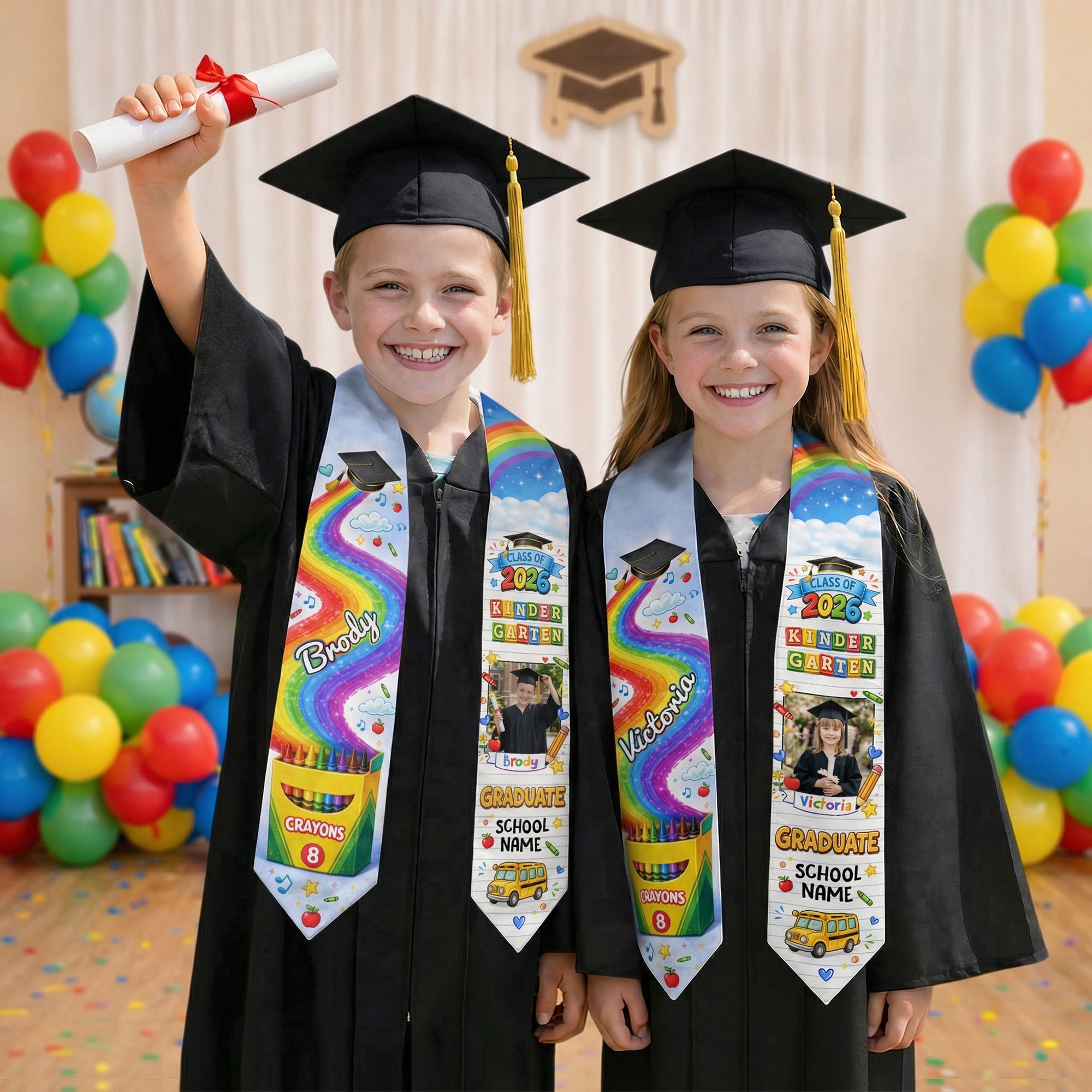 Personalized Graduation Stole for Kids - Custom Photo & School Name 2026 Rainbow Sash