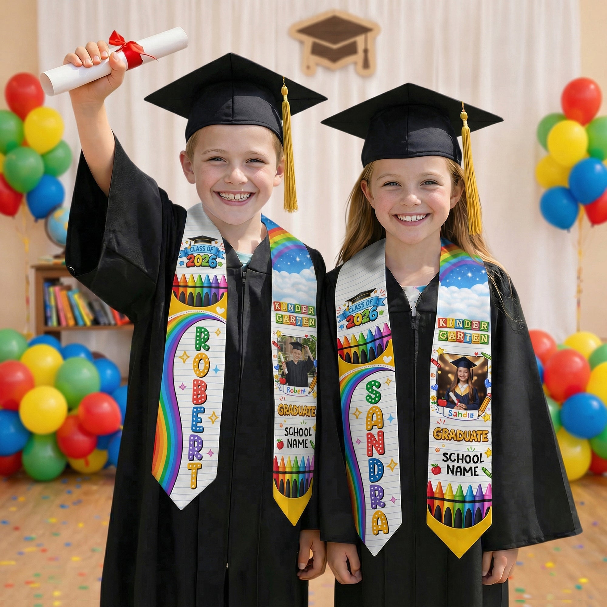 Custom Photo Graduation Stole Kids - Colorful Crayon Rainbow Sash 2026