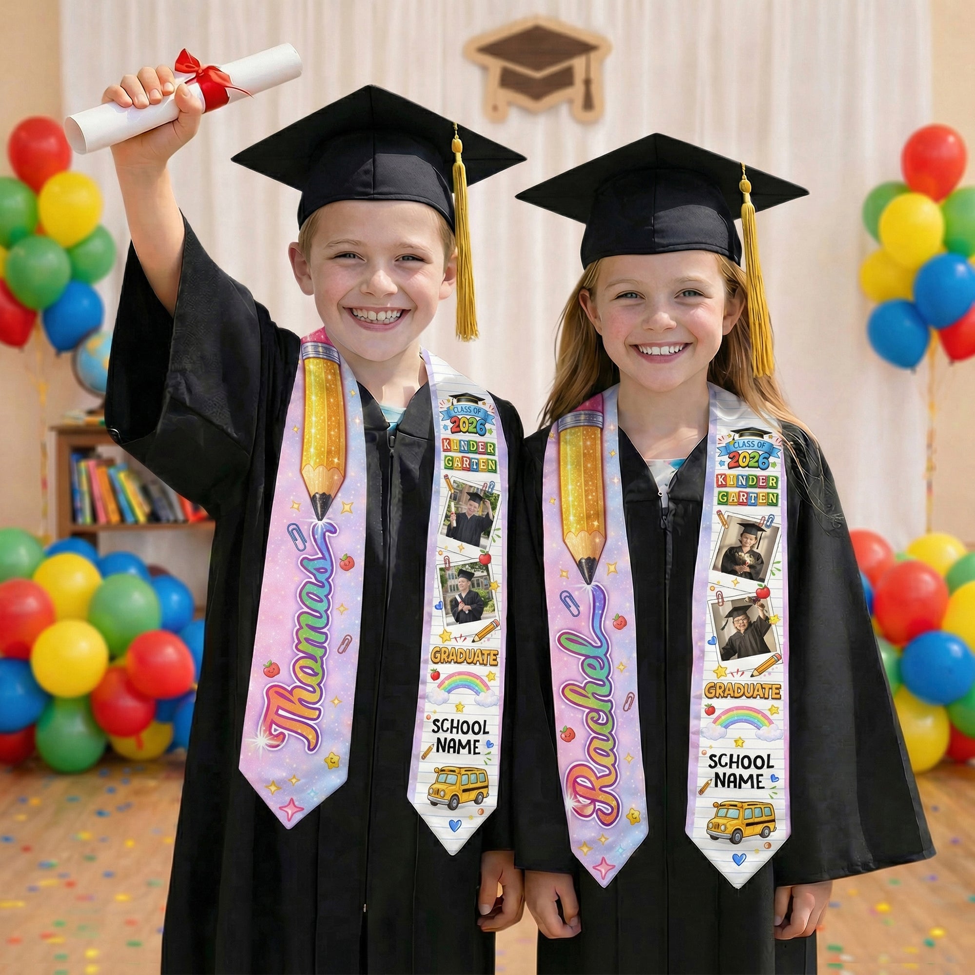 Personalized Kids Graduation Stole - Custom Photo & School Name Star 2026 Sash