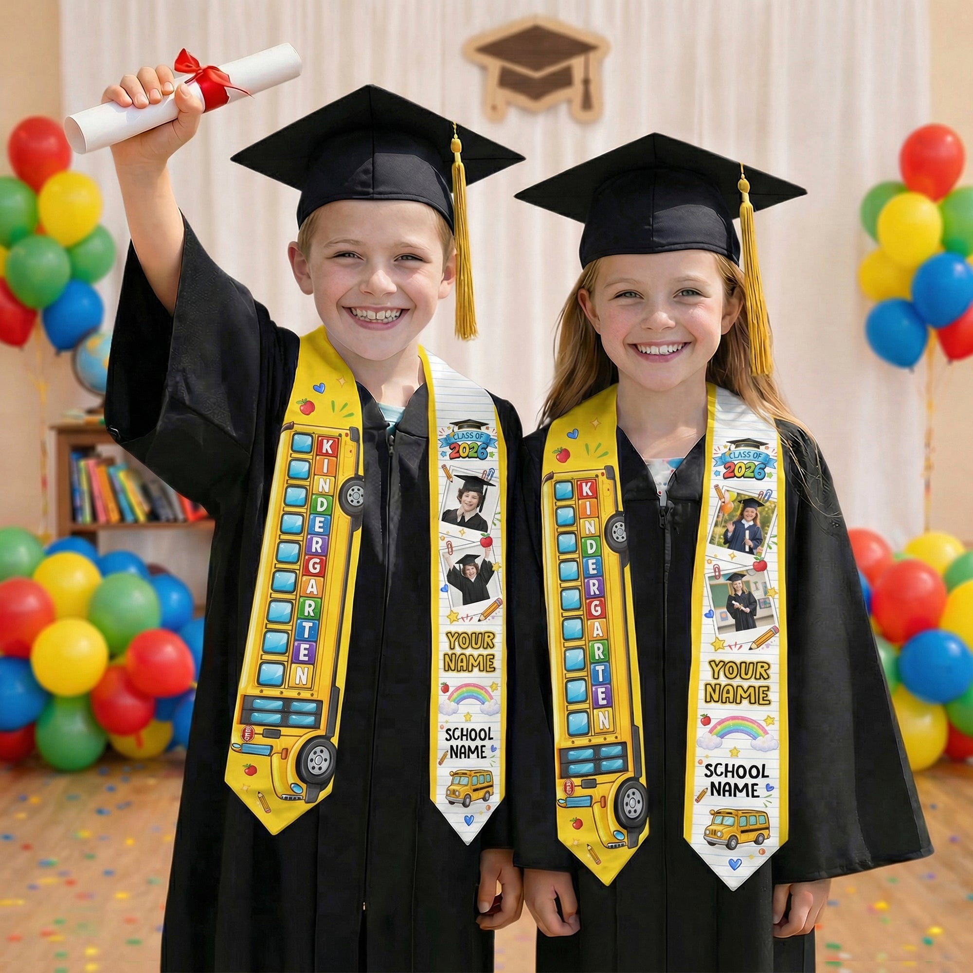 School Bus Kids Graduation Stole with Photo - Personalized Class of 2026 Sash