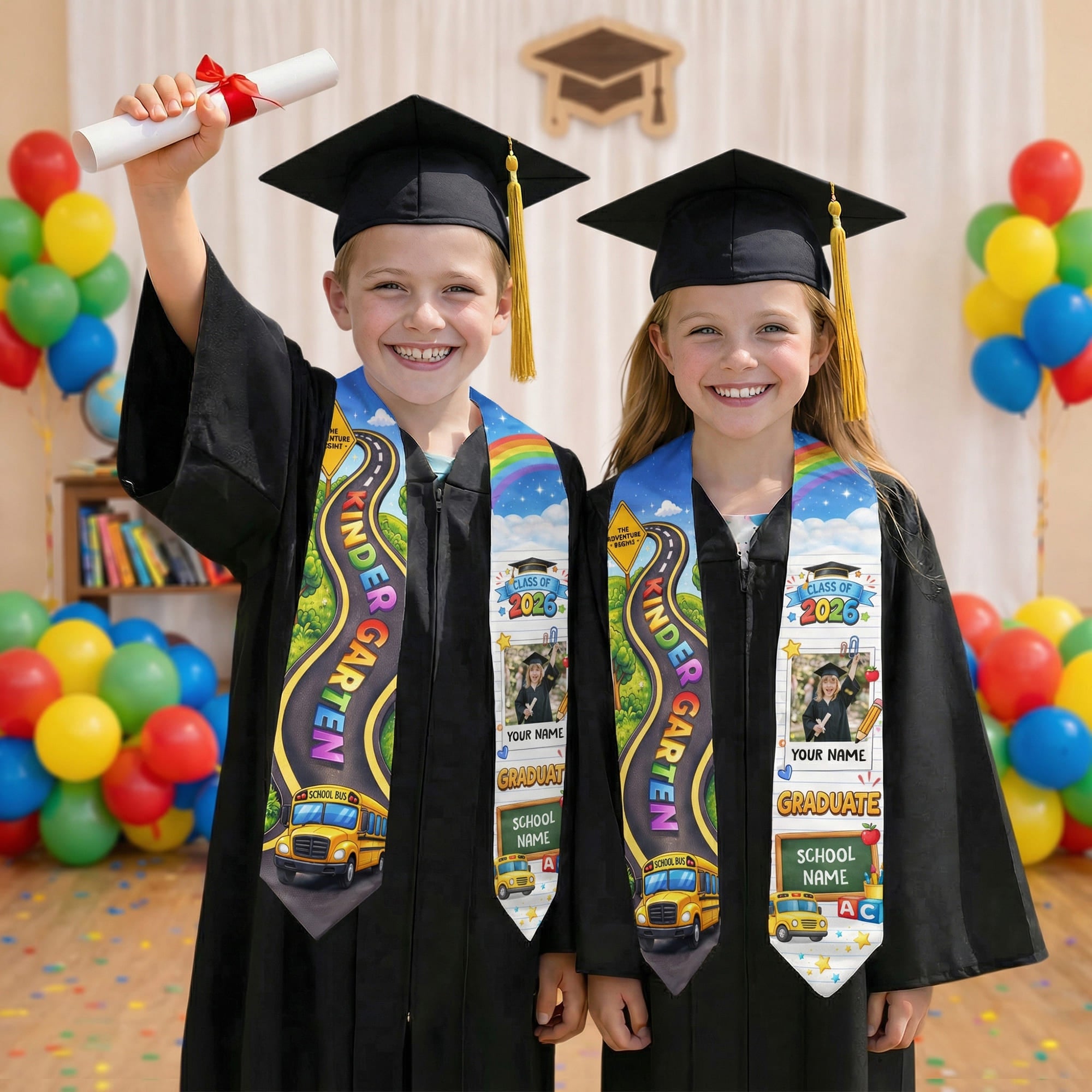 School Bus & Road Graduation Stole Kids - Personalized Photo Class of 2026
