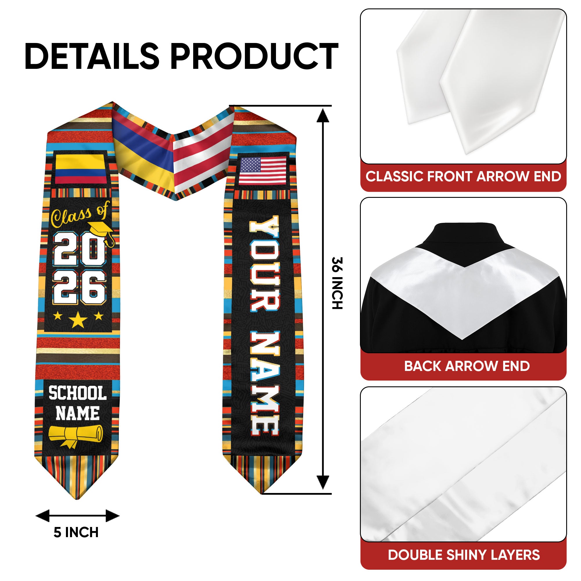 Colombia Graduation Stole 2026, Colombian Flag Sash, Custom Accent Graduation Stole 2026