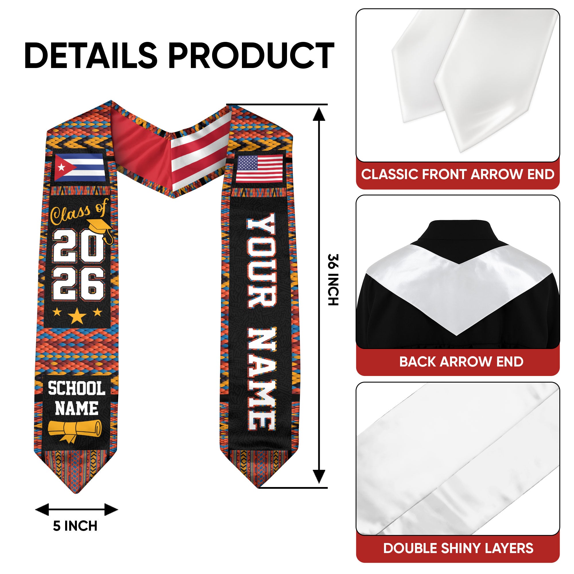 Cuba Graduation Stole 2026, Cuban Flag Sash, Custom Accent Graduation Stole for 2026