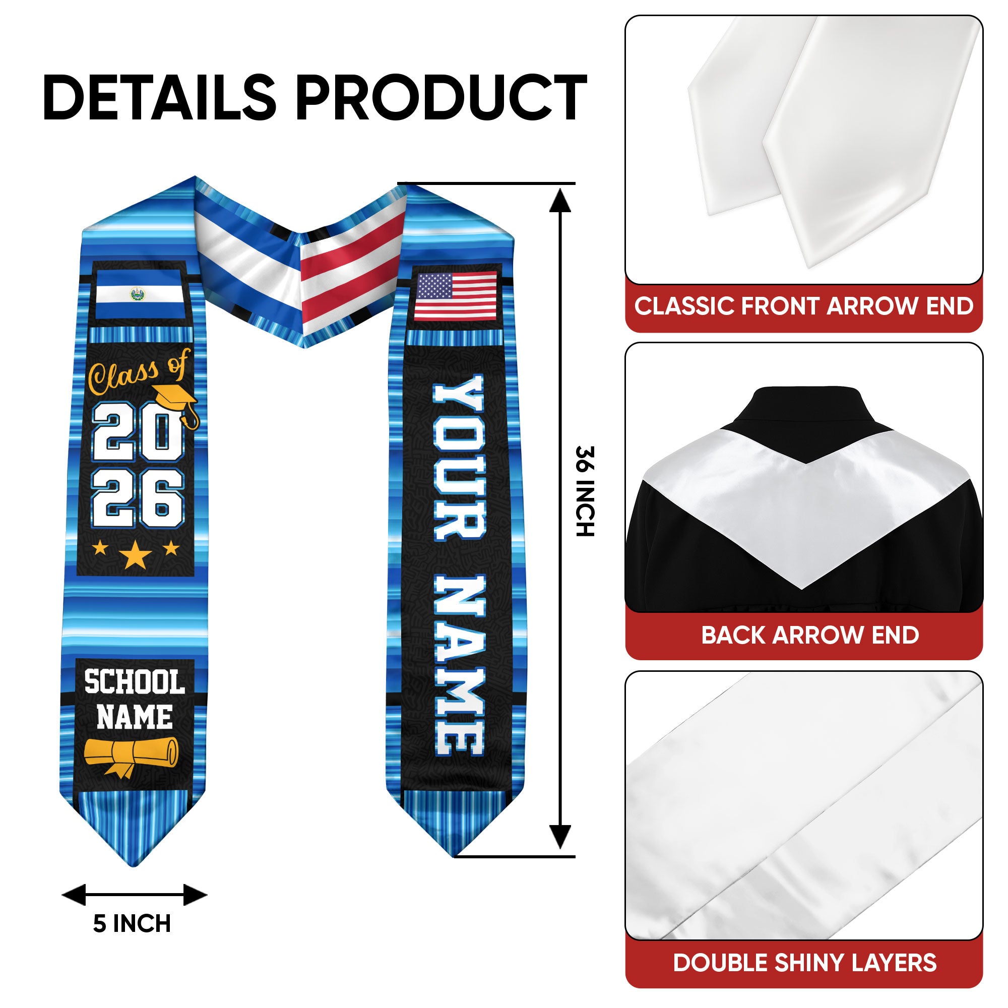 El Salvador Graduation Stole 2026, El Salvador Flag Sash, Custom Accent Grad Stole 2026