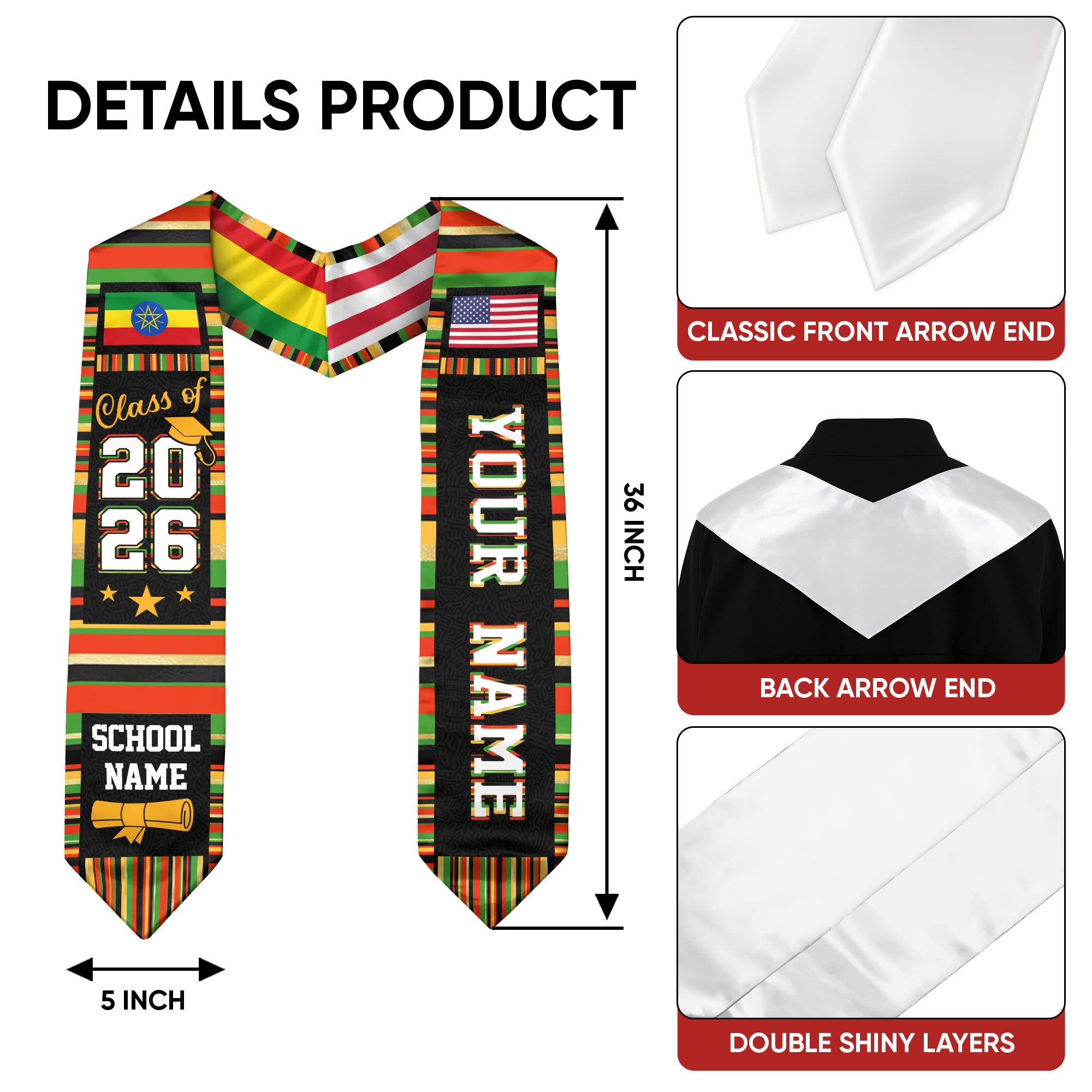Ethiopia Graduation Stole 2026, Ethiopian Flag Sash, Graduation Stole with Custom Accent