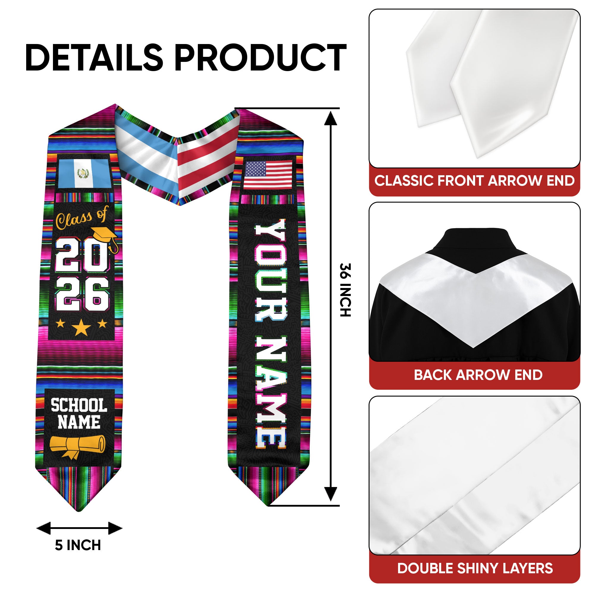 Guatemala Graduation Custom Stole 2026, Guatemalan Flag Sash, Graduation Stole with Custom Accent