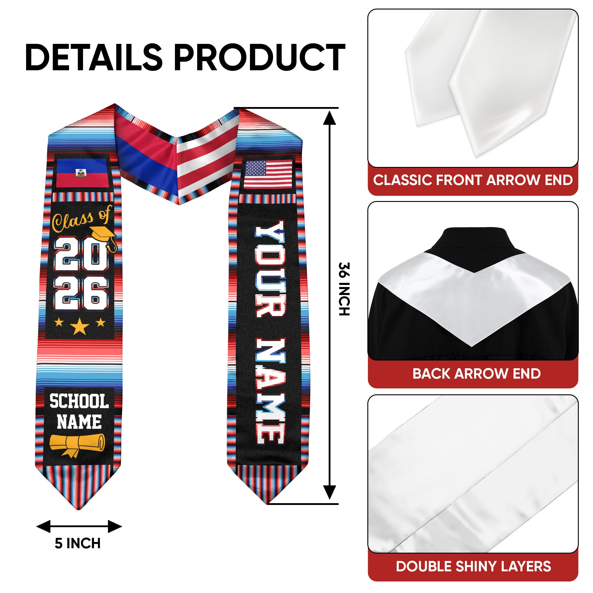 Haitian Graduation Stole 2026, Haiti Flag Sash, Class of 2026 Grad with Custom