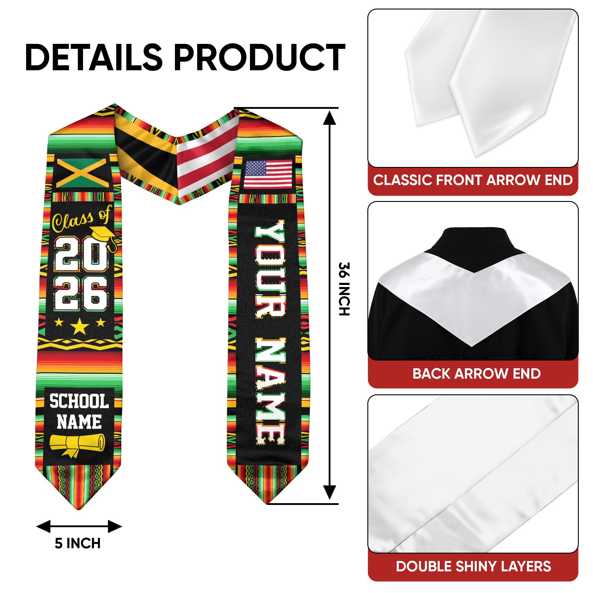 Jamaica Graduation Stole 2026, Jamaican Flag Sash, Class of 2026 Custom Trim for Grads