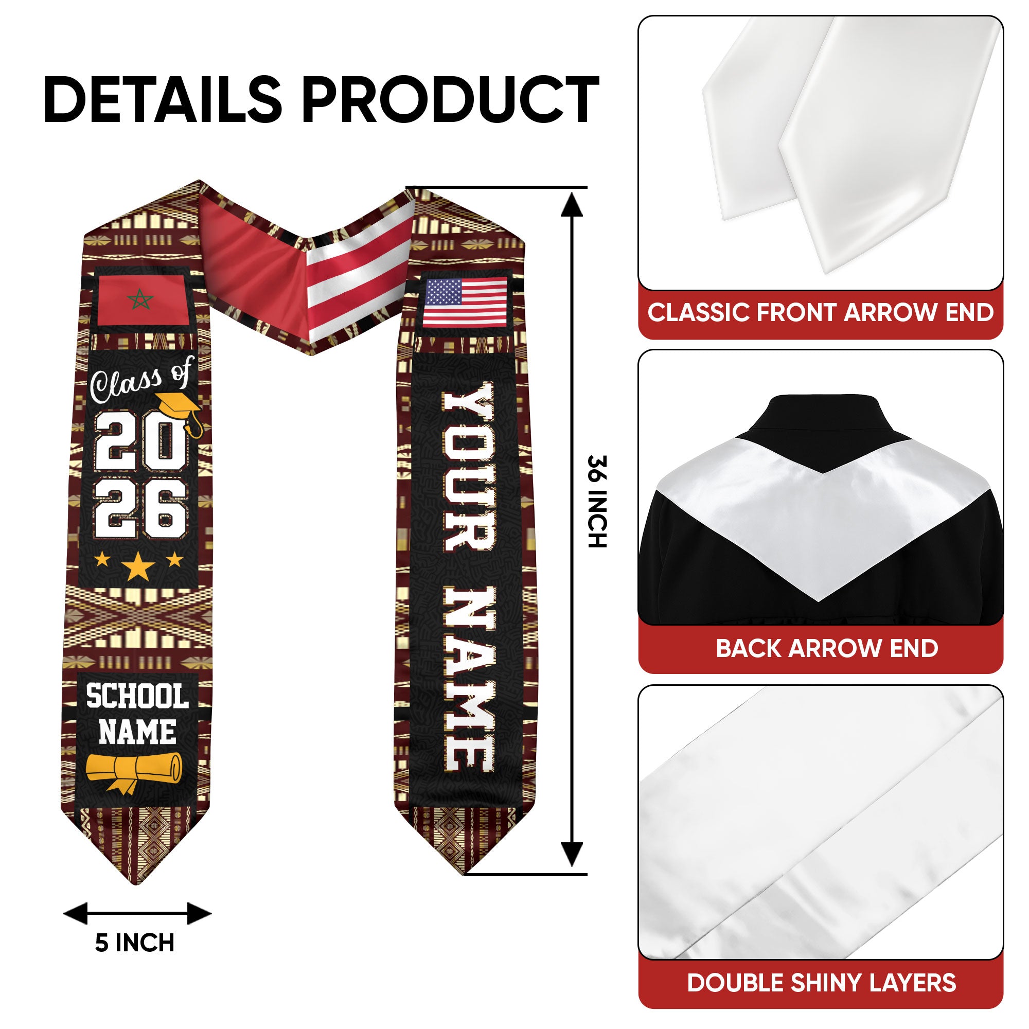 Morocco Graduation Stole 2026, Moroccan Flag Sash, Class of 2026 Custom Trim for Grads
