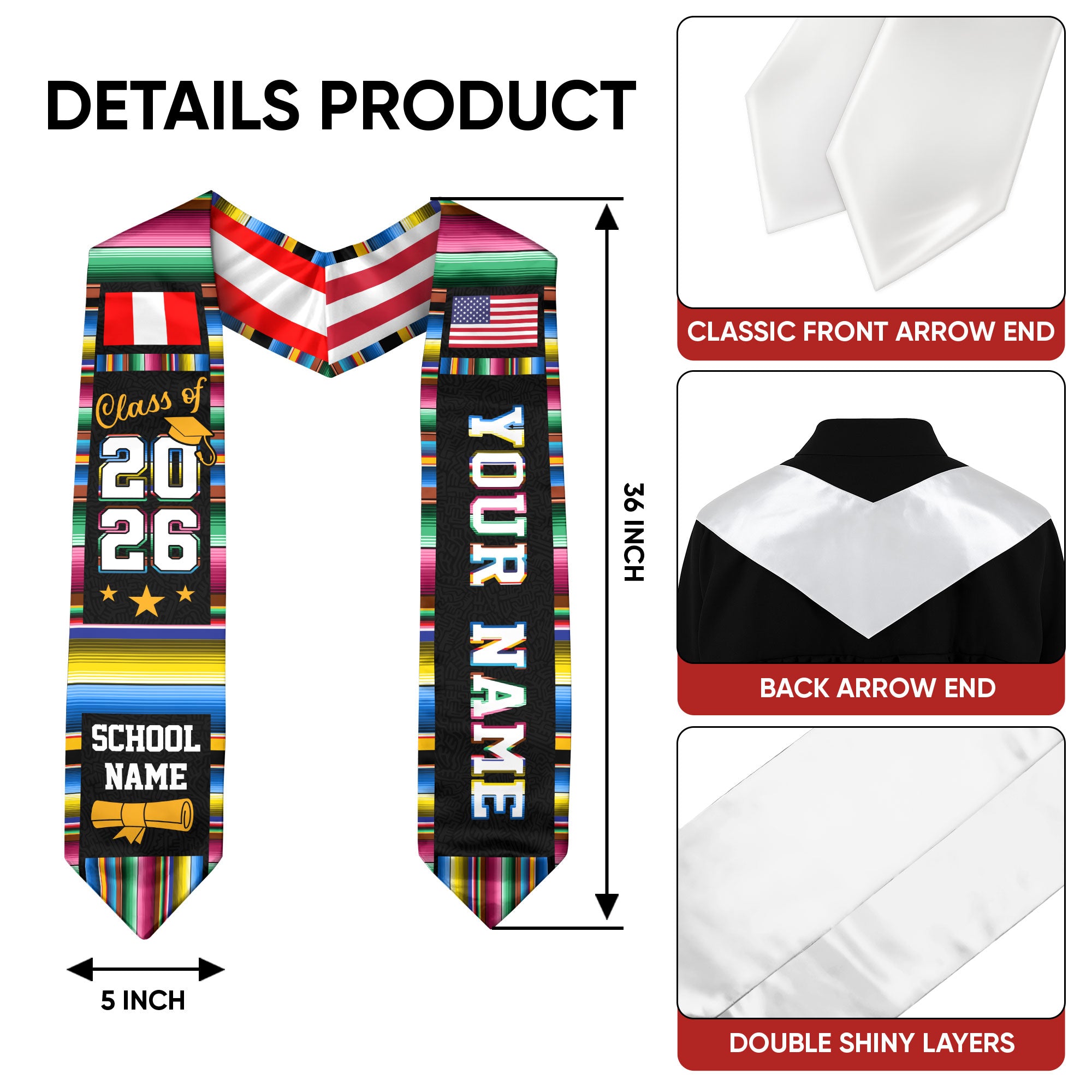Peru Graduation Stole 2026, Peruvian Flag Sash, Class of 2026 Custom Trim for Grads