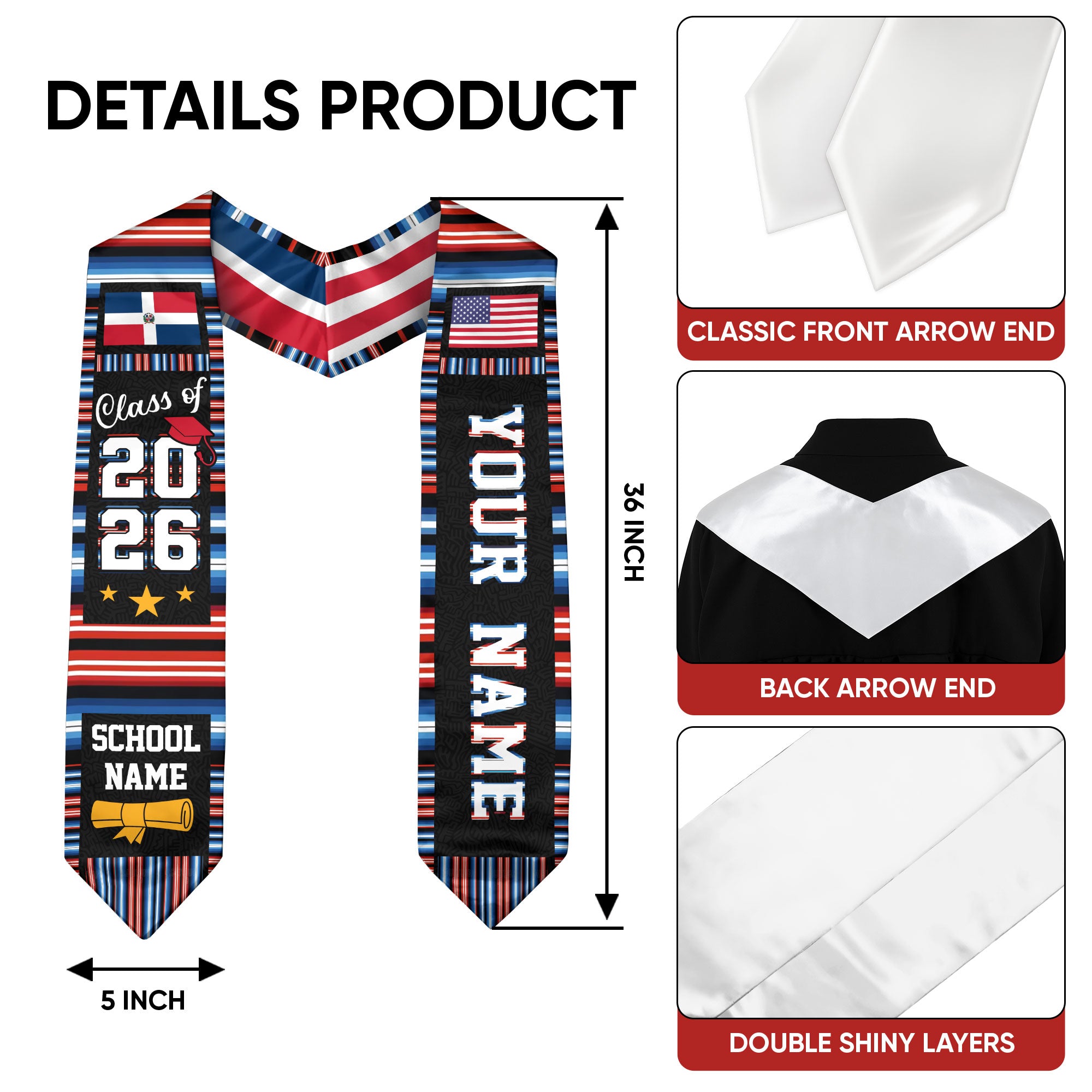 Dominican Republic Graduation Stole 2026, Dominican Republic Flag Graduation Sash, Custom Accent Grad Stole