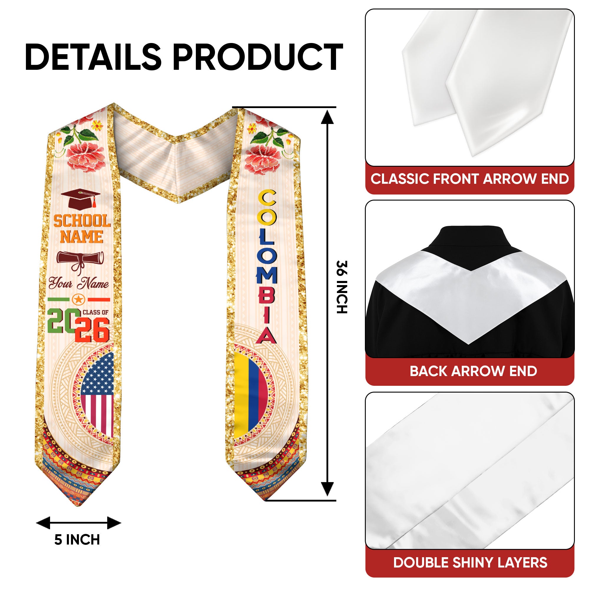 Colombian Flag Graduation Sash 2026, Colombia Stole Sash, Custom Touch for Graduates