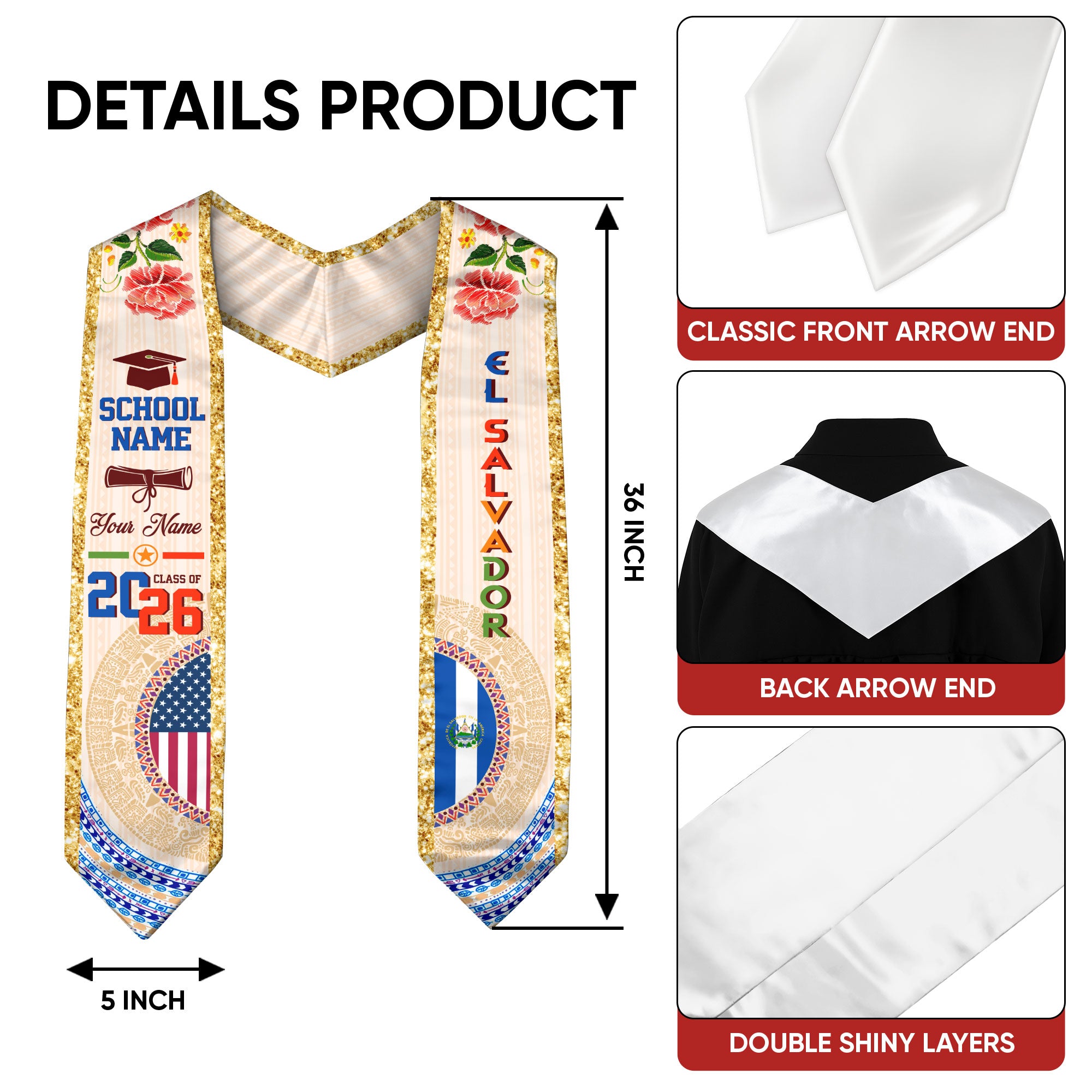 Salvadoran Flag Graduation Sash 2026, El Salvador Stole Sash, Custom Touch for Grads