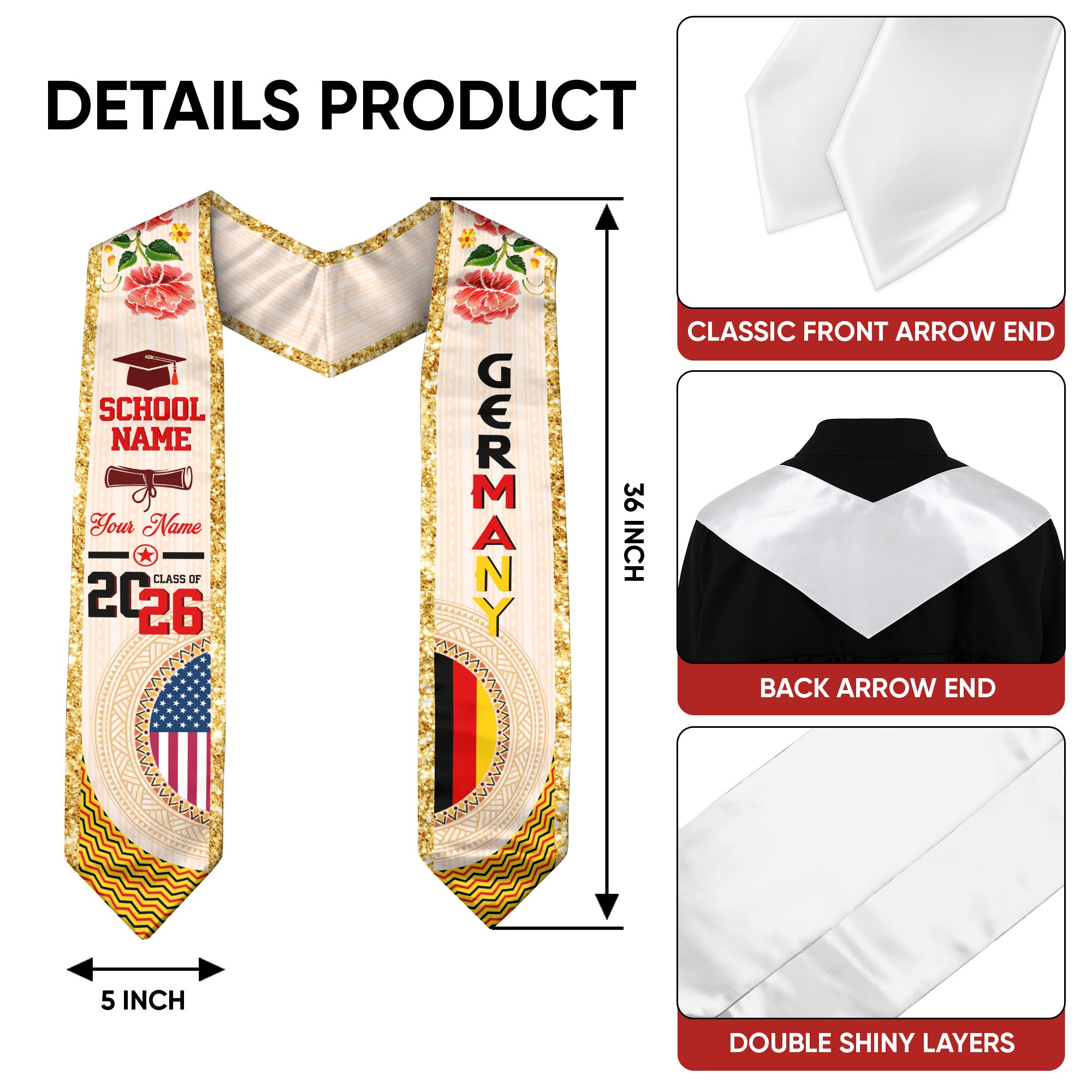 German Flag Graduation Sash 2026, Germany Graduation Stole, Customizable Detail Stole