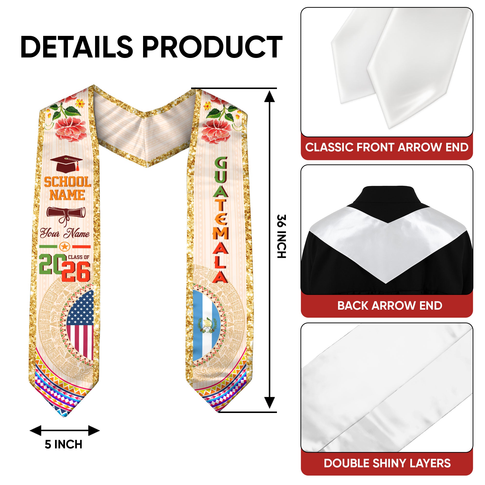 Guatemalan Flag Graduation Sash 2026, Guatemala Graduation Stole, Customizable Detail Stole