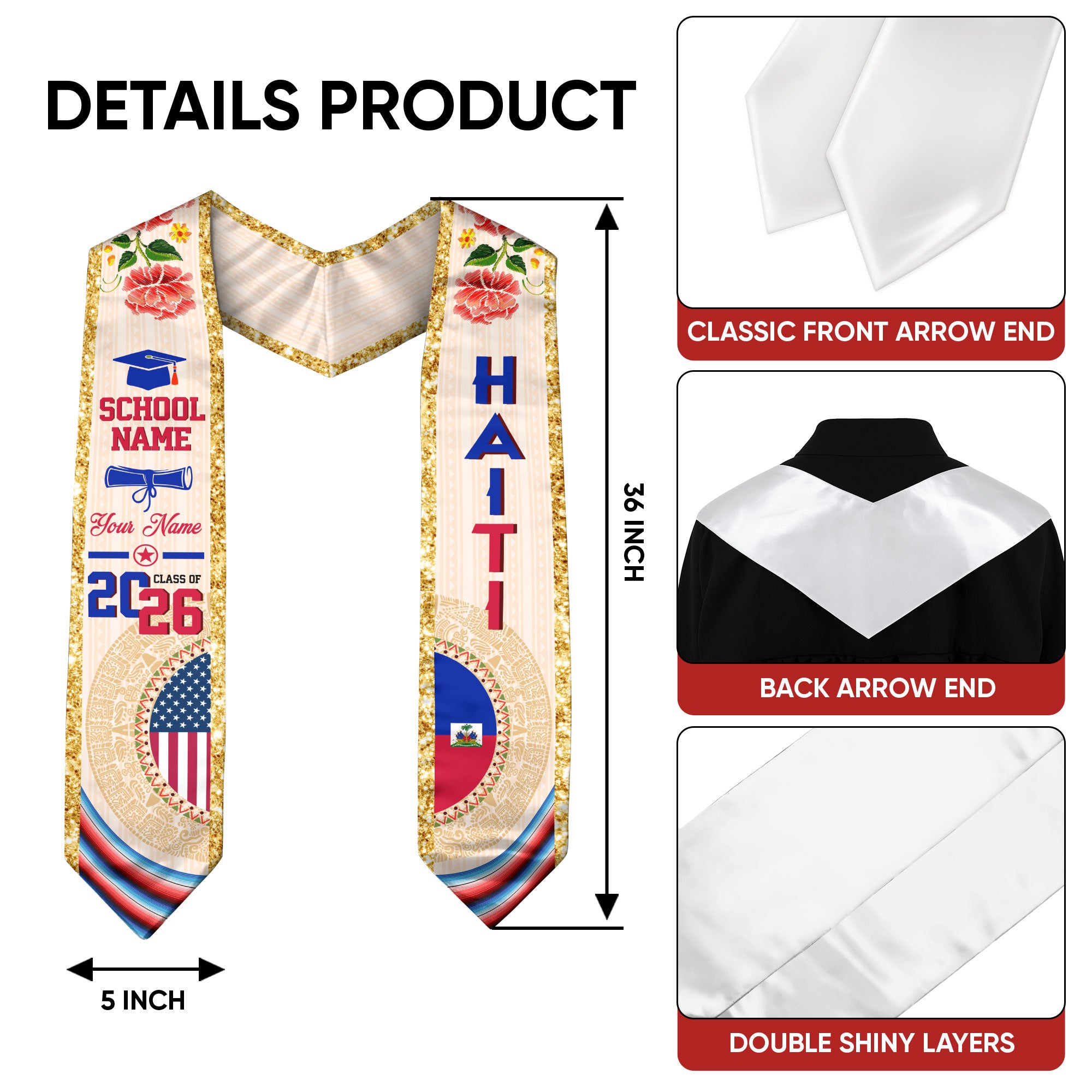 Haiti Flag Graduation Sash 2026, Haitian Stole for Grads, Custom Detail Option 2026